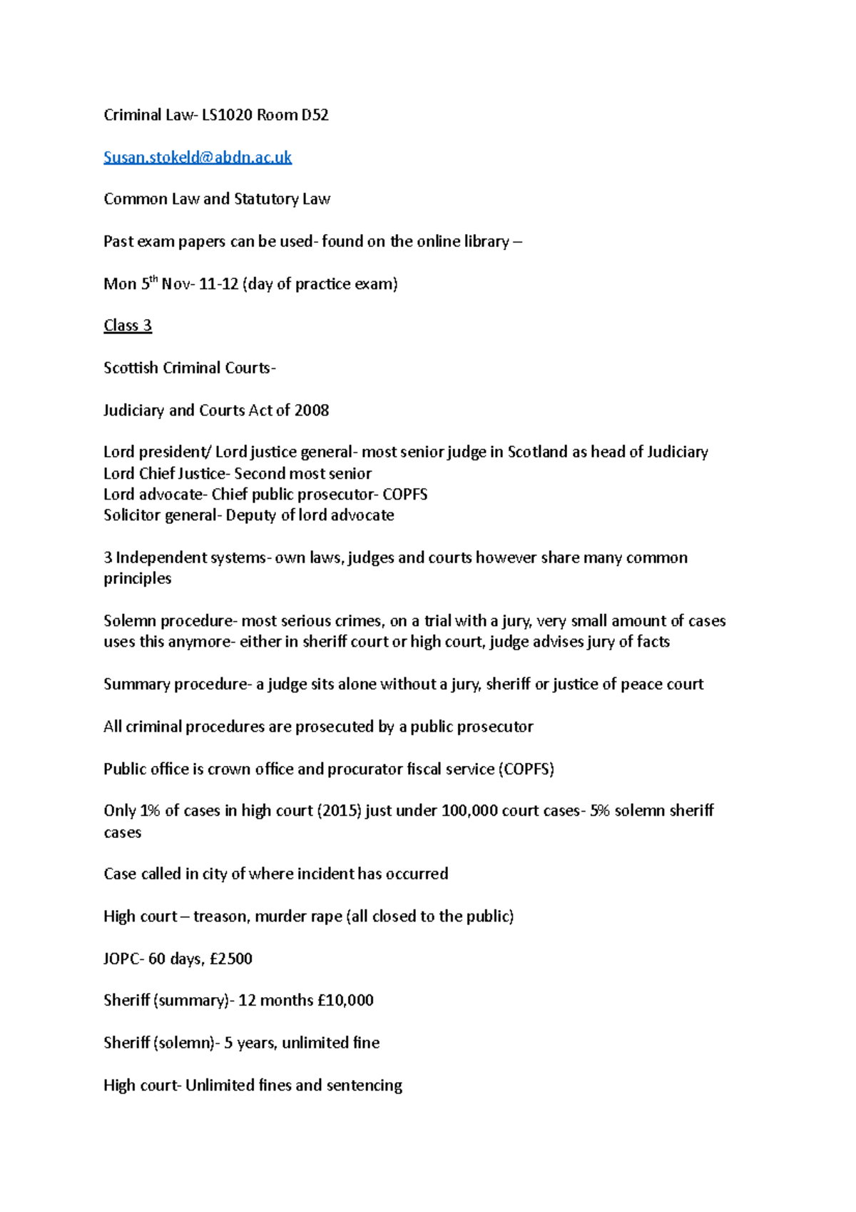 Criminal Law - Lecture notes All - Criminal Law- LS1020 Room D Susan ...