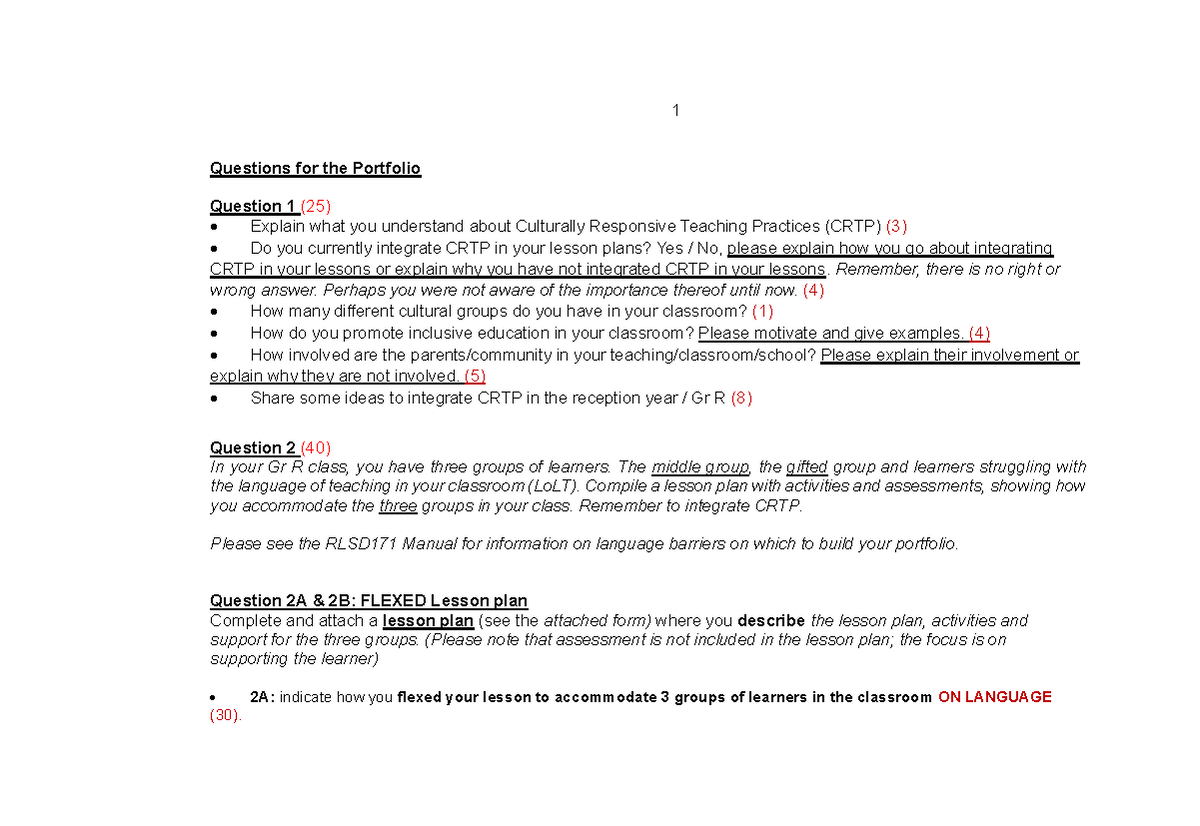 Portfolio - CRTP Integration and Lesson Planning for Gr R - Studocu