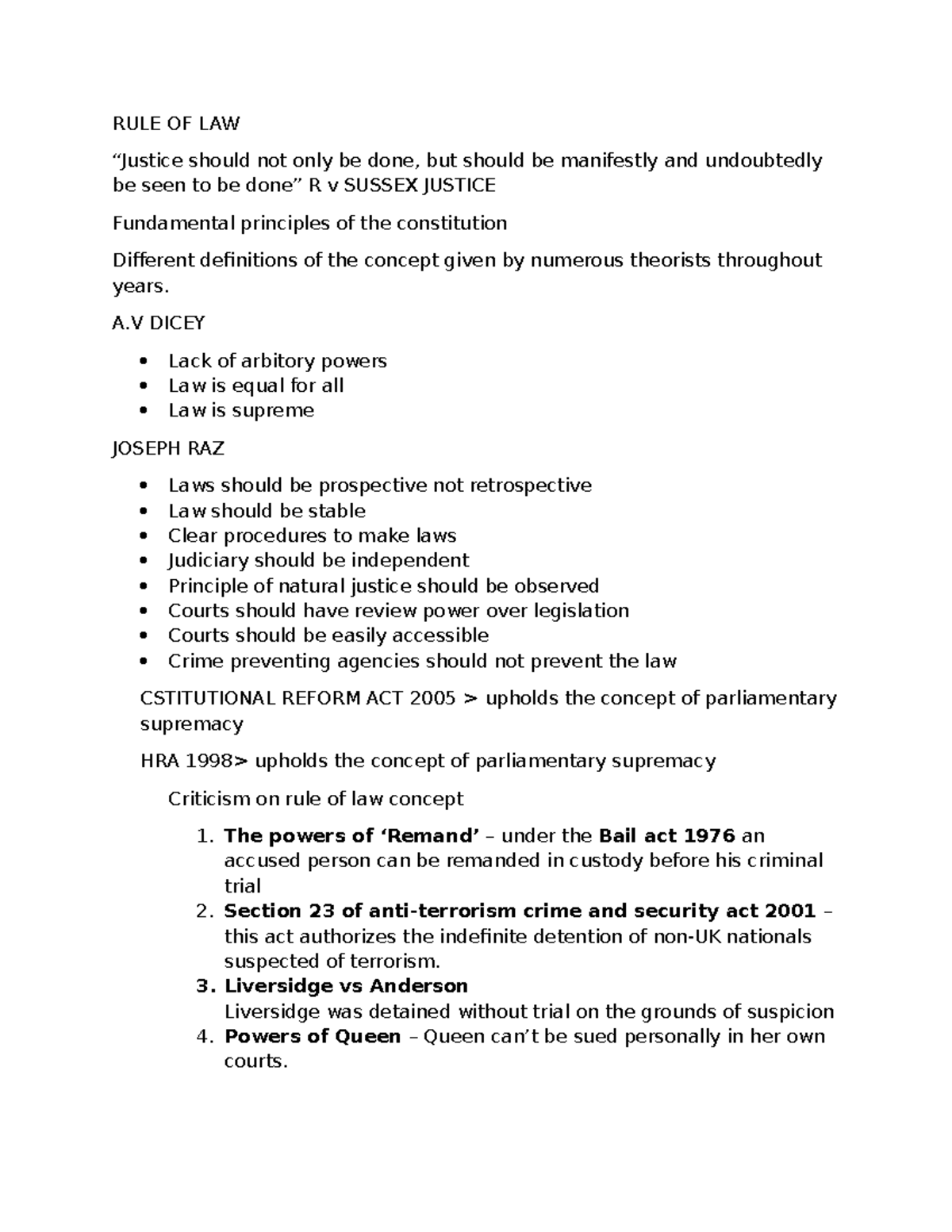 RUL 101: Rule of Law Short Notes - Key Principles & Critiques - Studocu