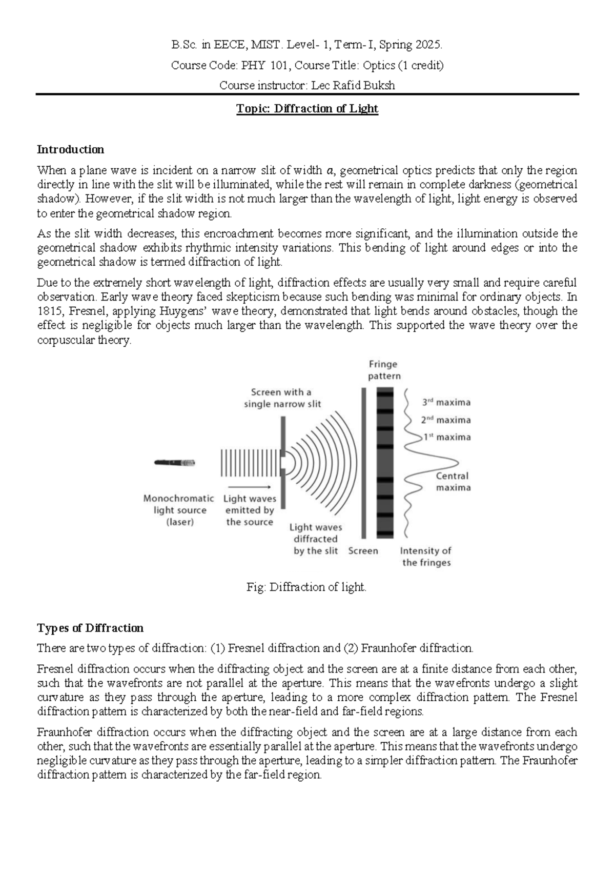 Diffraction of Light - PHY 101 Lecture Notes, B.Sc. in EECE, MIST - Studocu
