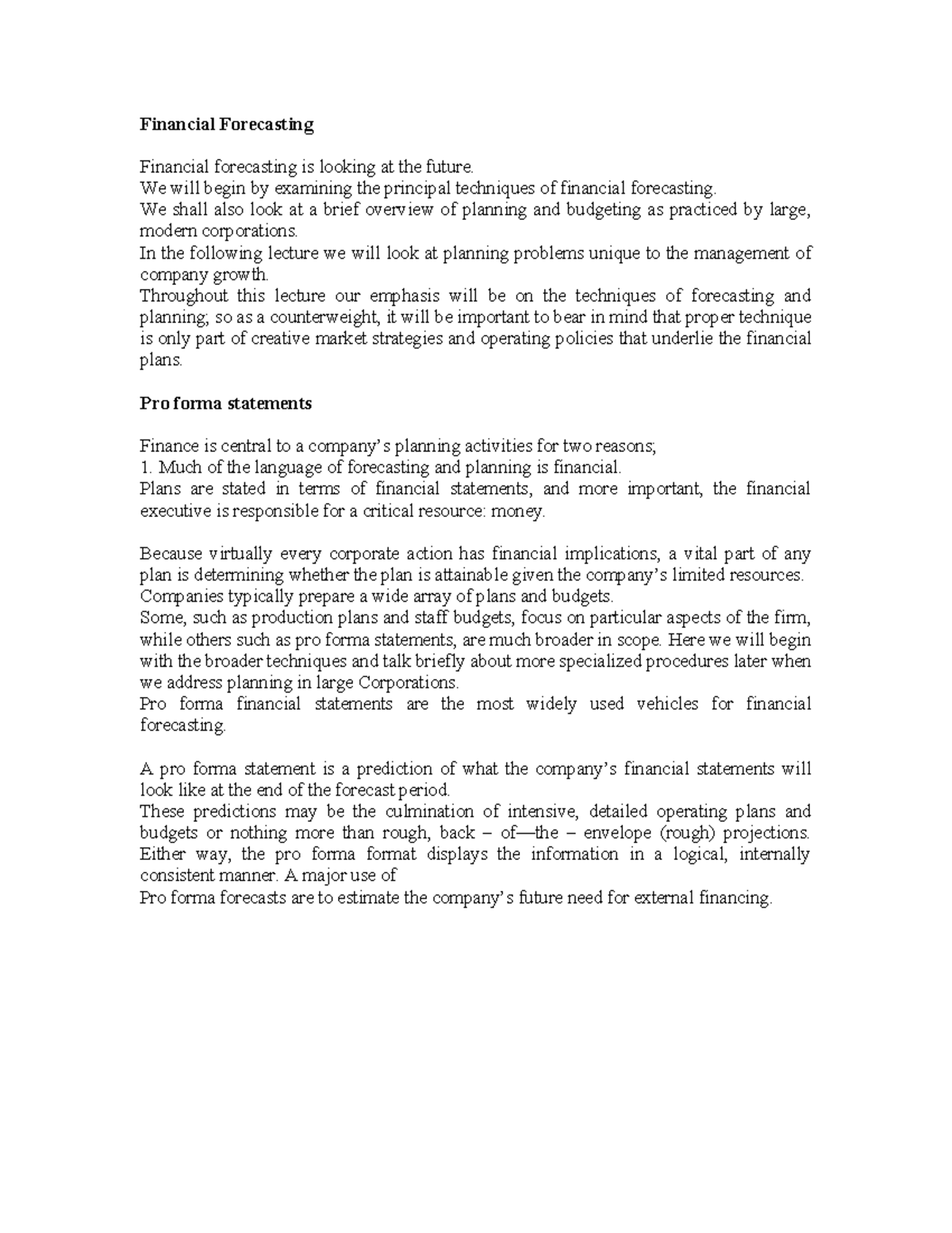 Financial Forecasting Techniques: Lecture Notes (FIN 101) - Studocu