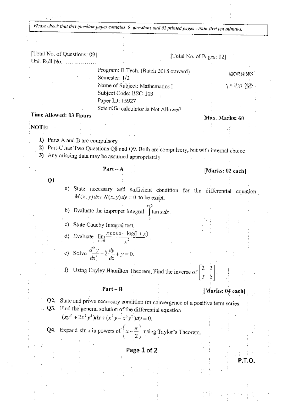 B. Tech Mathematics I Exam Paper - May 2023 (Subject Code: 15927) - Studocu