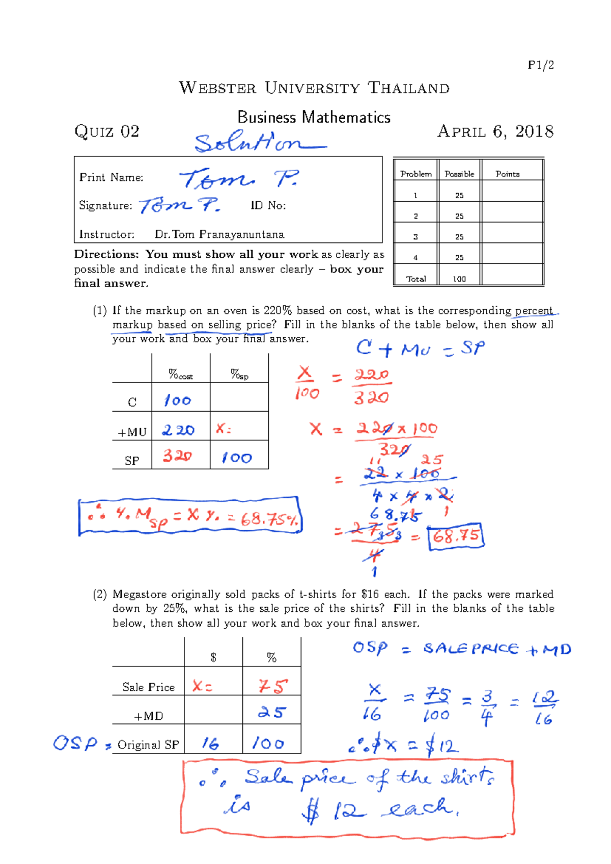 Bussiness Maths Quiz#2 - P1/ Webster University Thailand Business ...