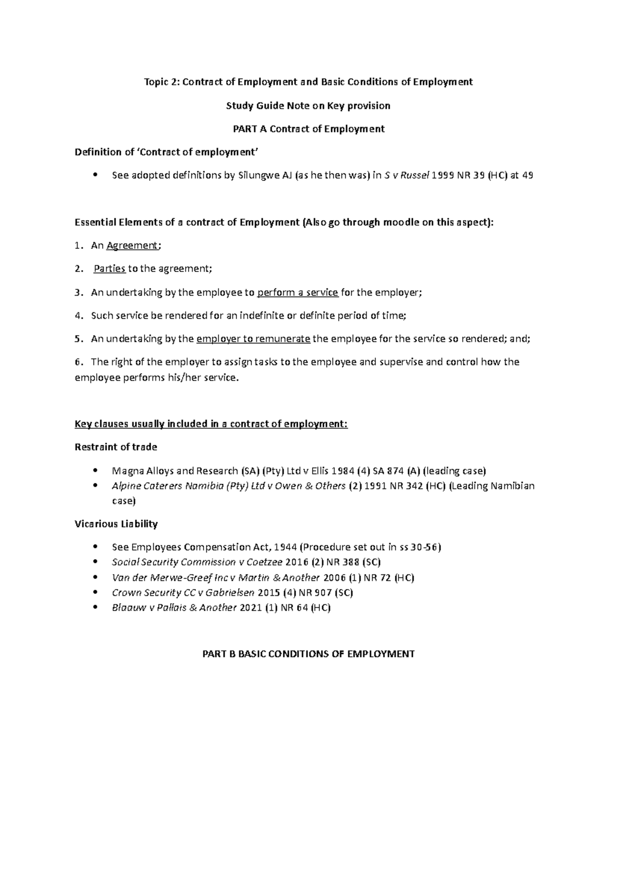 Topic 2: Reading Guide on Contracts & Basic Employment Conditions - Studocu