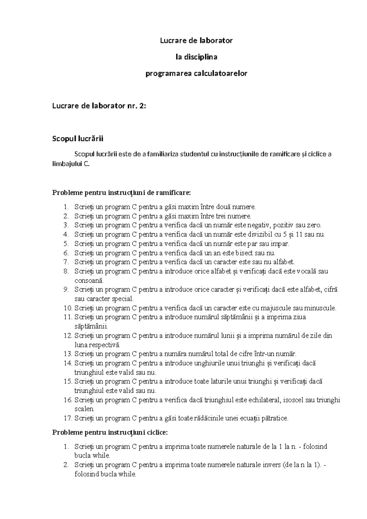 Lucrare de laborator nr. 2: Instrucțiuni C pentru Programare - Studocu