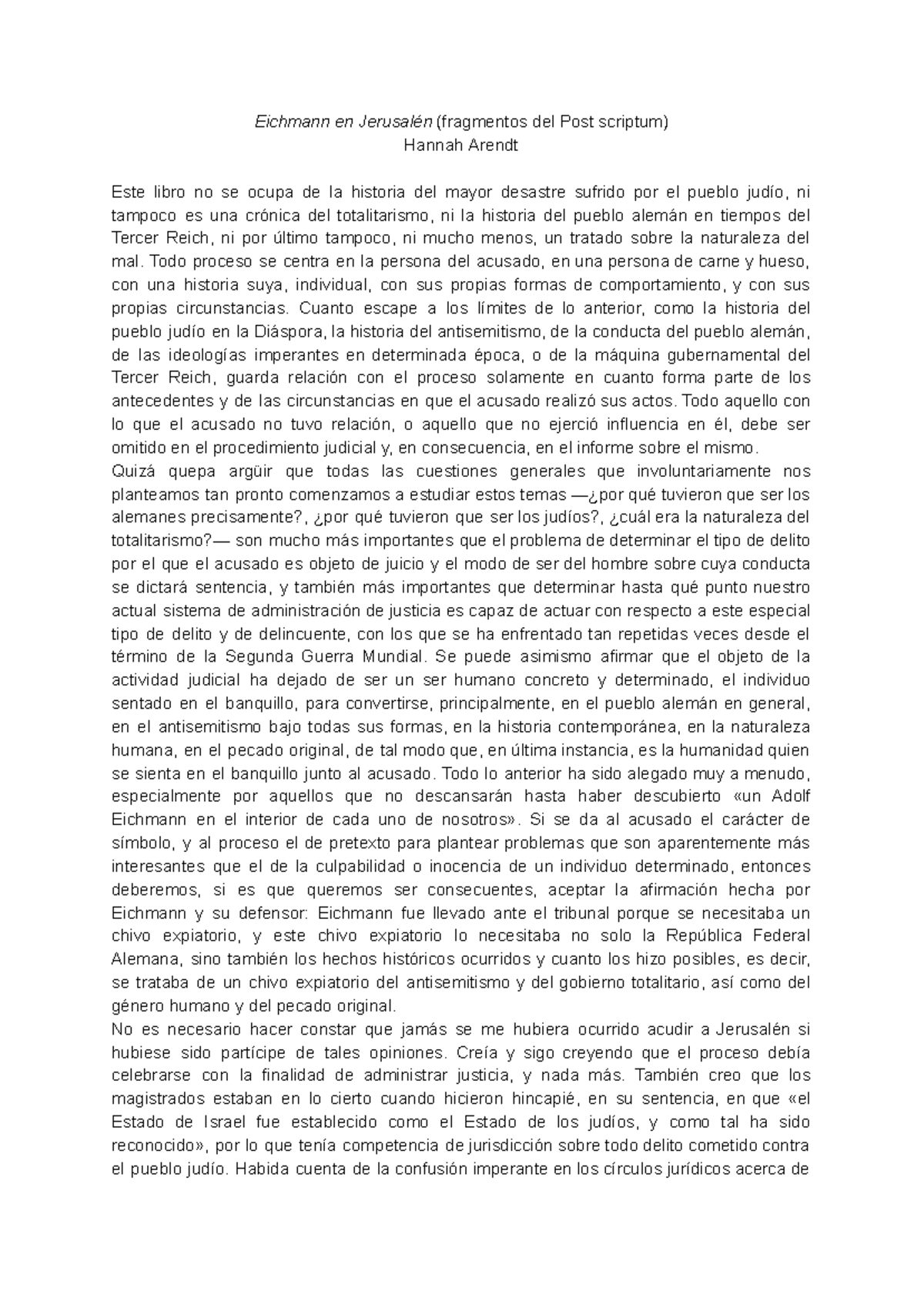 Fragmentos del Post Scriptum de Eichmann en Jerusalén: Reflexiones ...