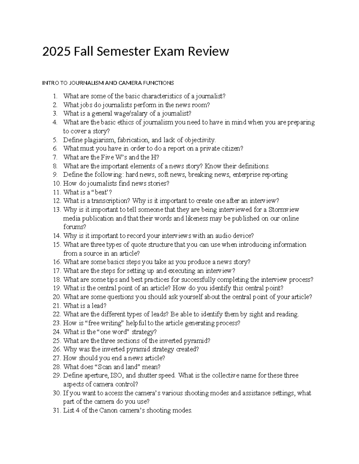 2025 Fall Semester Exam Review: Intro to Journalism & Camera Functions ...