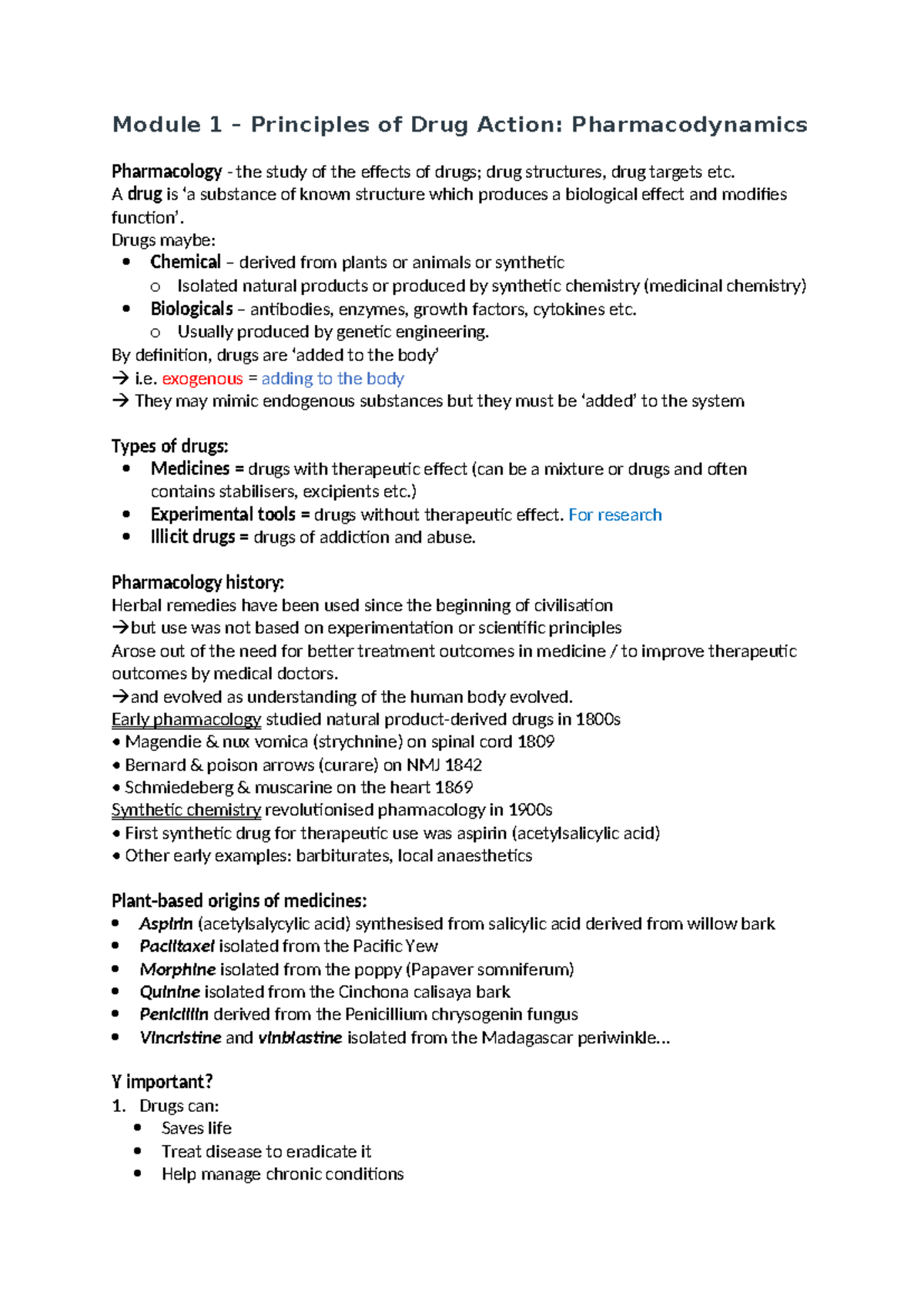 M1 note - Module 1 note - Module 1 – Principles of Drug Action ...