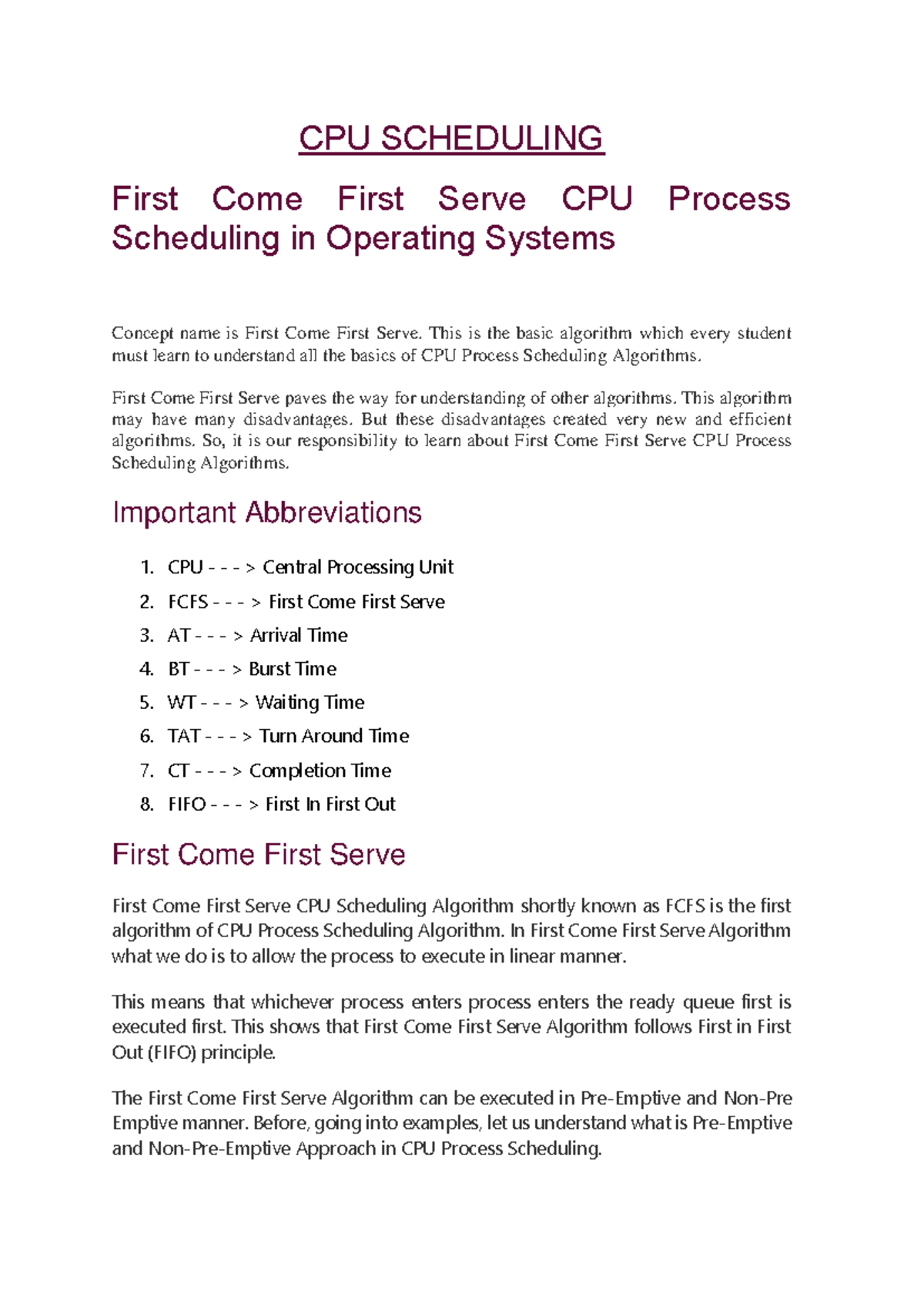 FCFS Algorithm Overview with Examples and Key Concepts - Studocu