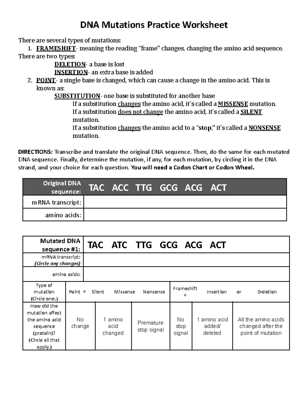 Will Stein - DNA Mutations wksht - DNA Mutations Practice Worksheet ...
