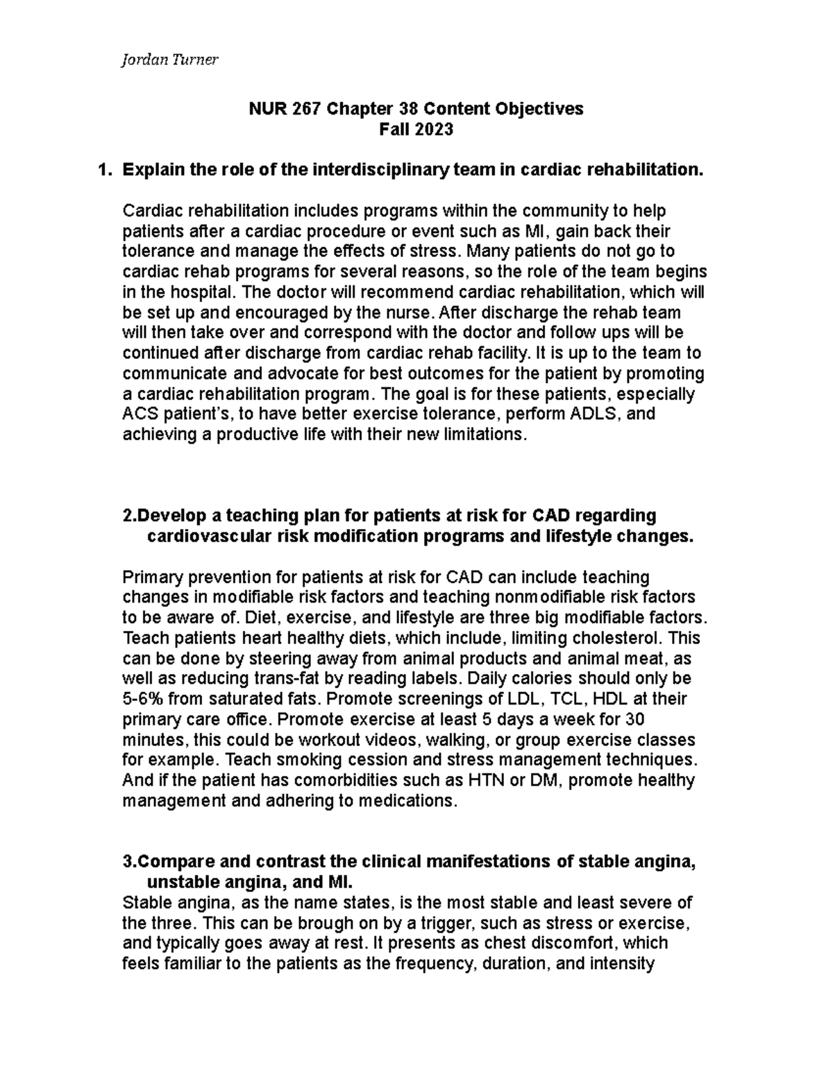 NUR 267 Cardiac Assignment: Chapter 38 Objectives & Key Concepts - Studocu