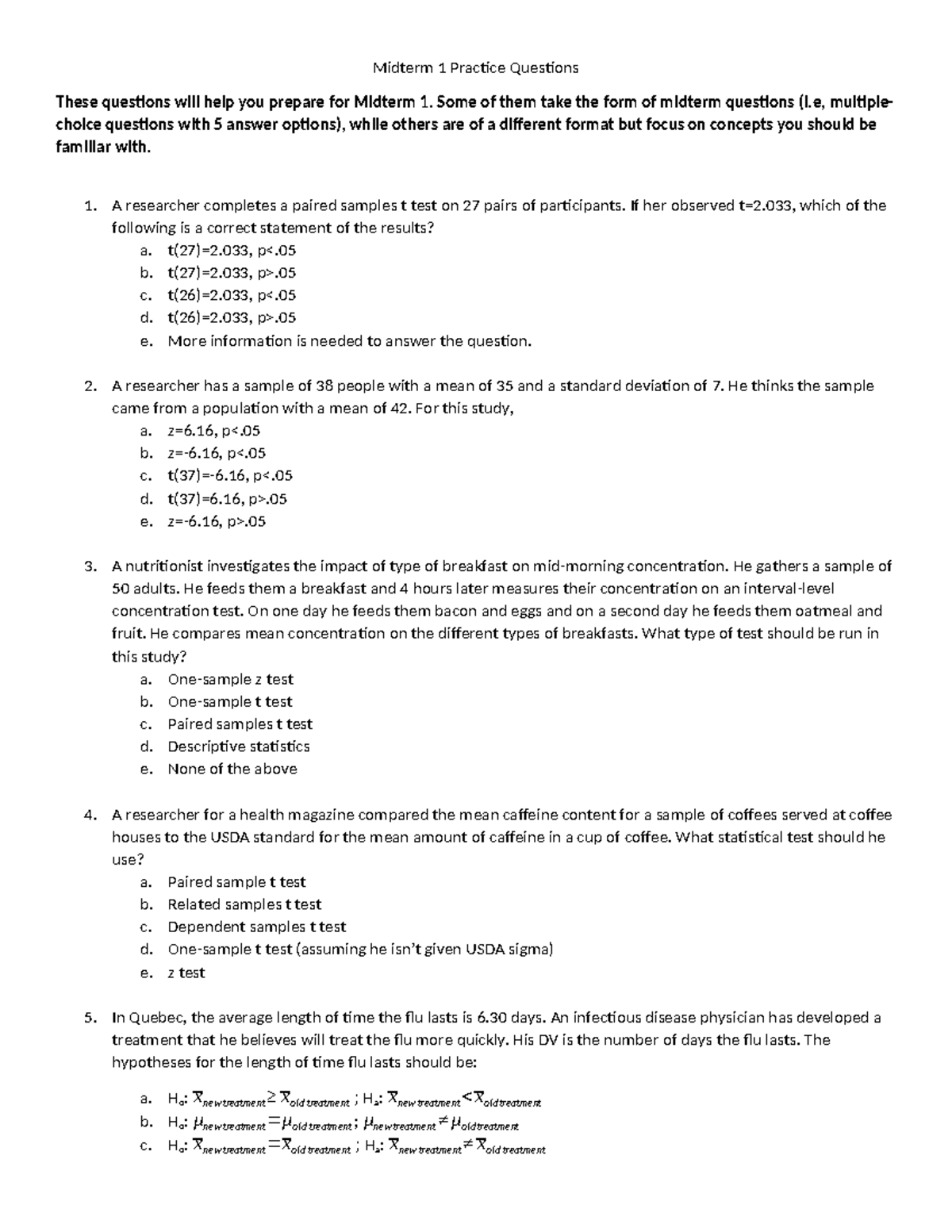 Midterm 1 Practice Questions & Preparation for Statistical Testing ...