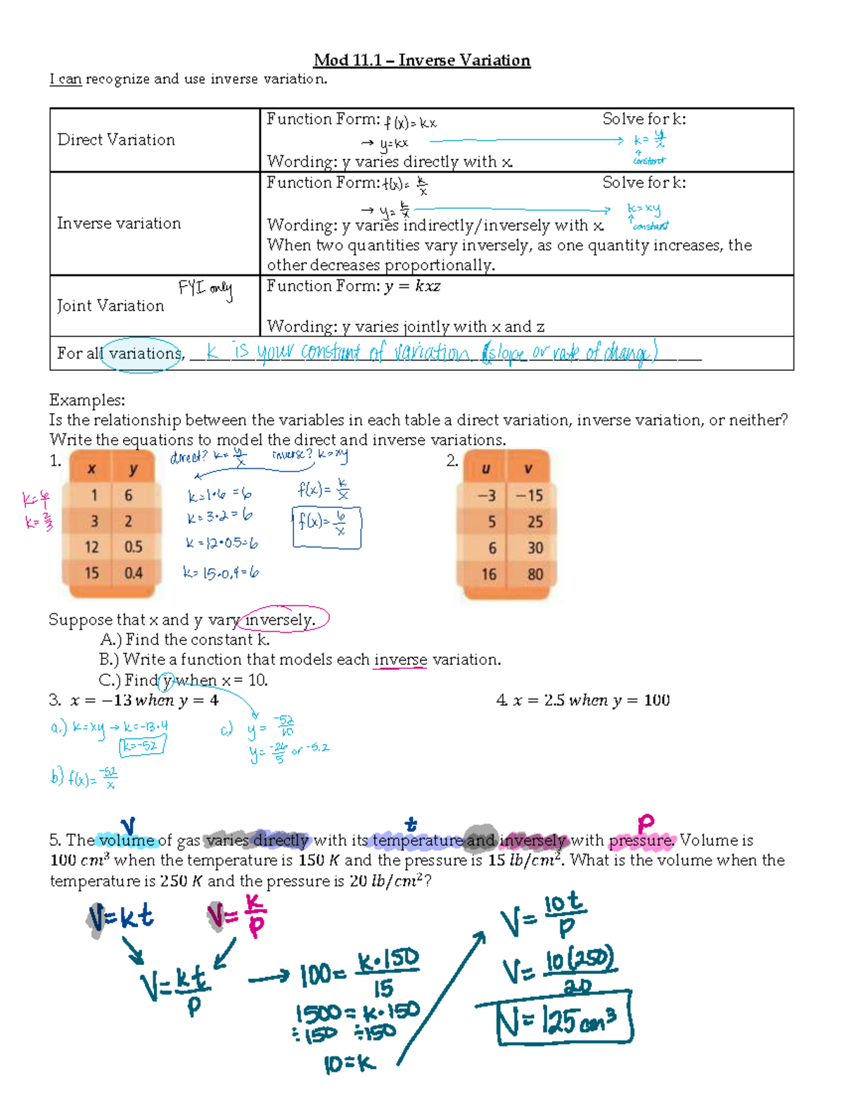 Mod 11.1 Inverse Variation and Rational Functions Notes - Studocu