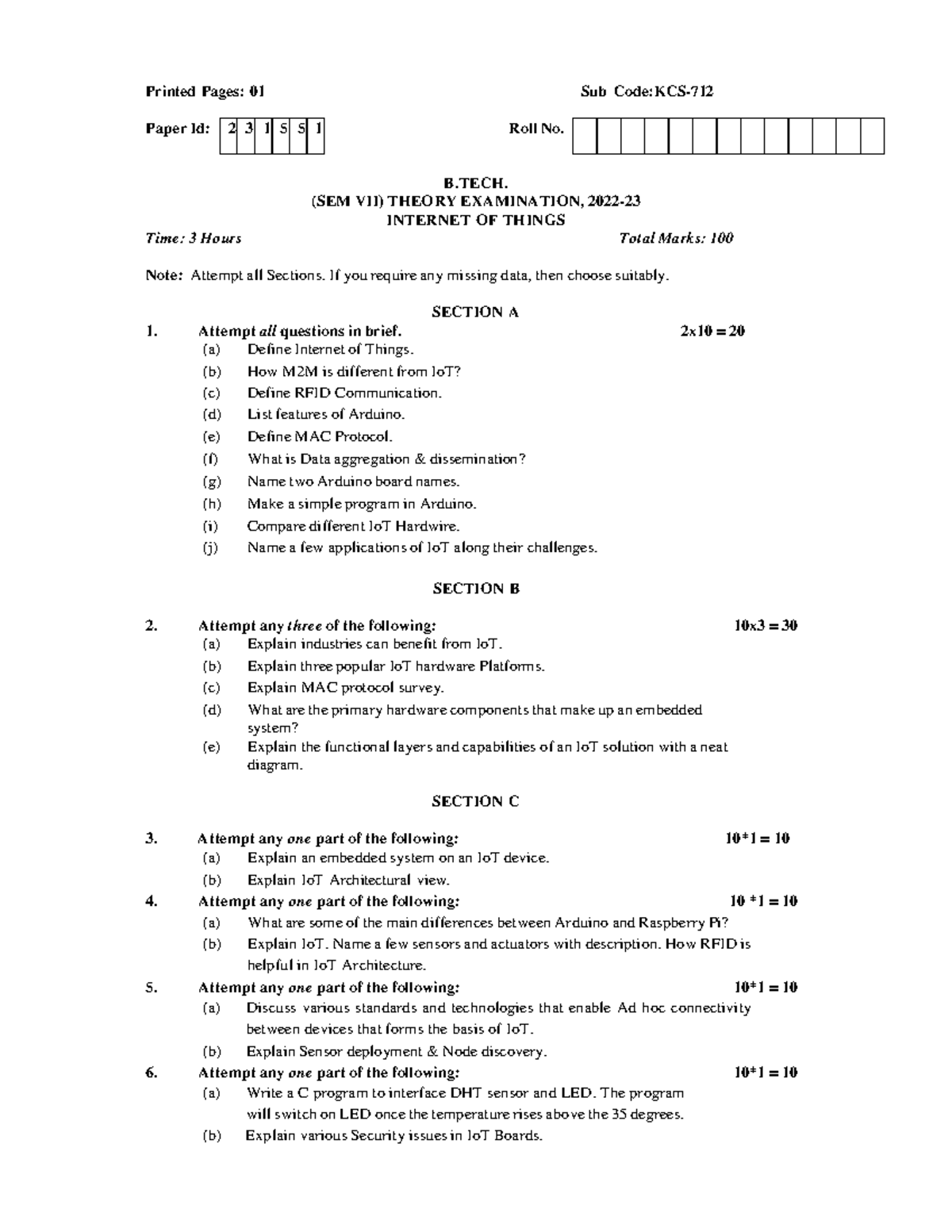 B.Tech CS 7th Sem Internet of Things KCS-712 Exam Paper 2023 - Studocu