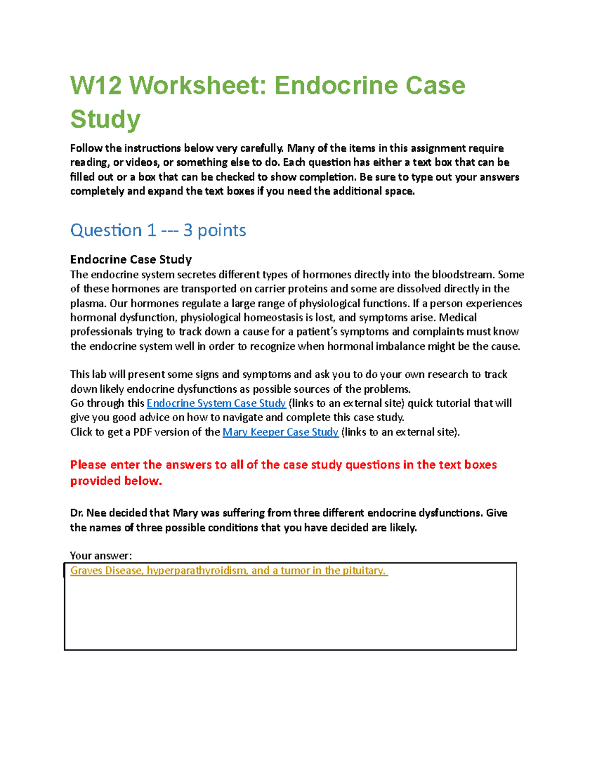 Bio265l document W12 Worksheet Endocrine Case Study - W12