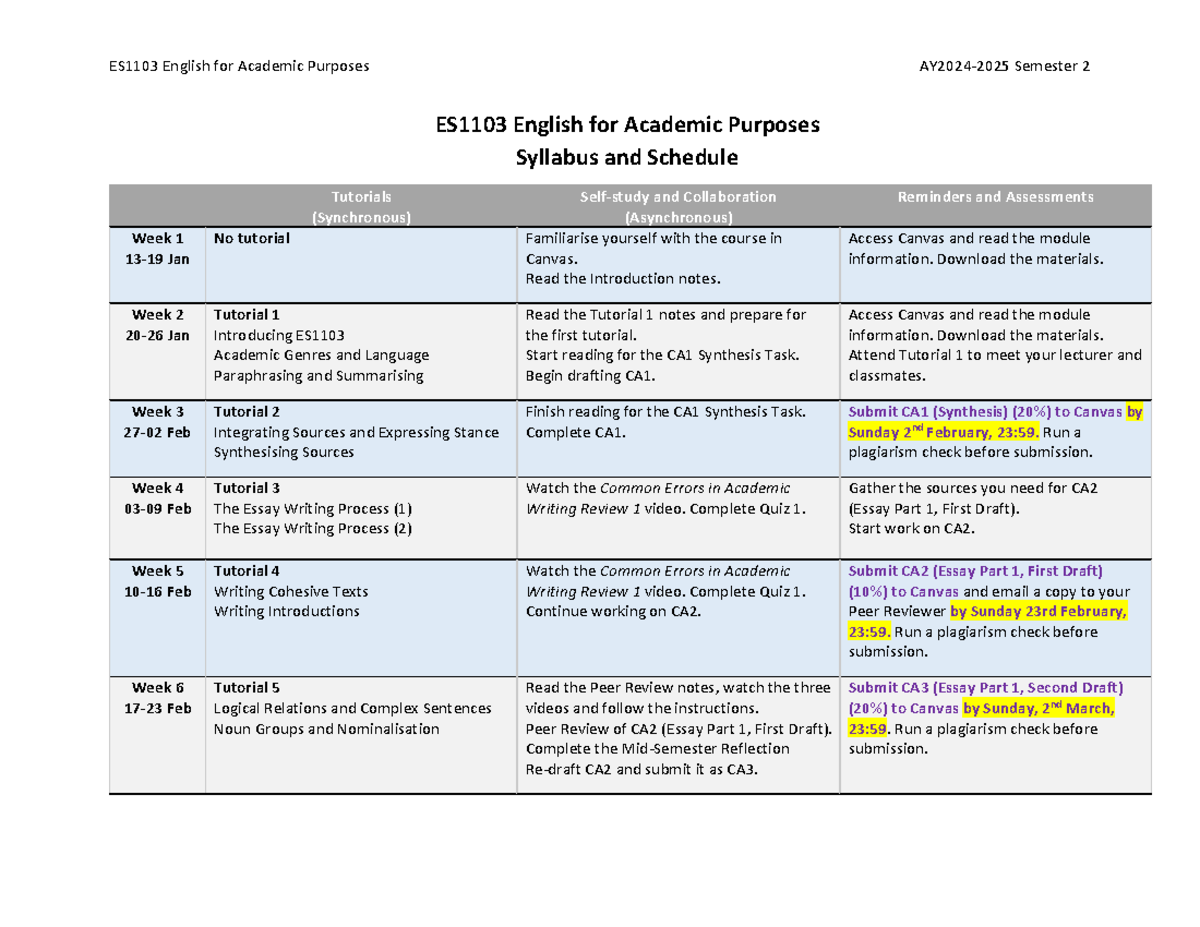ES1103 Syllabus and Schedule AY2024-2025 Sem 2 - ES1103 English for ...