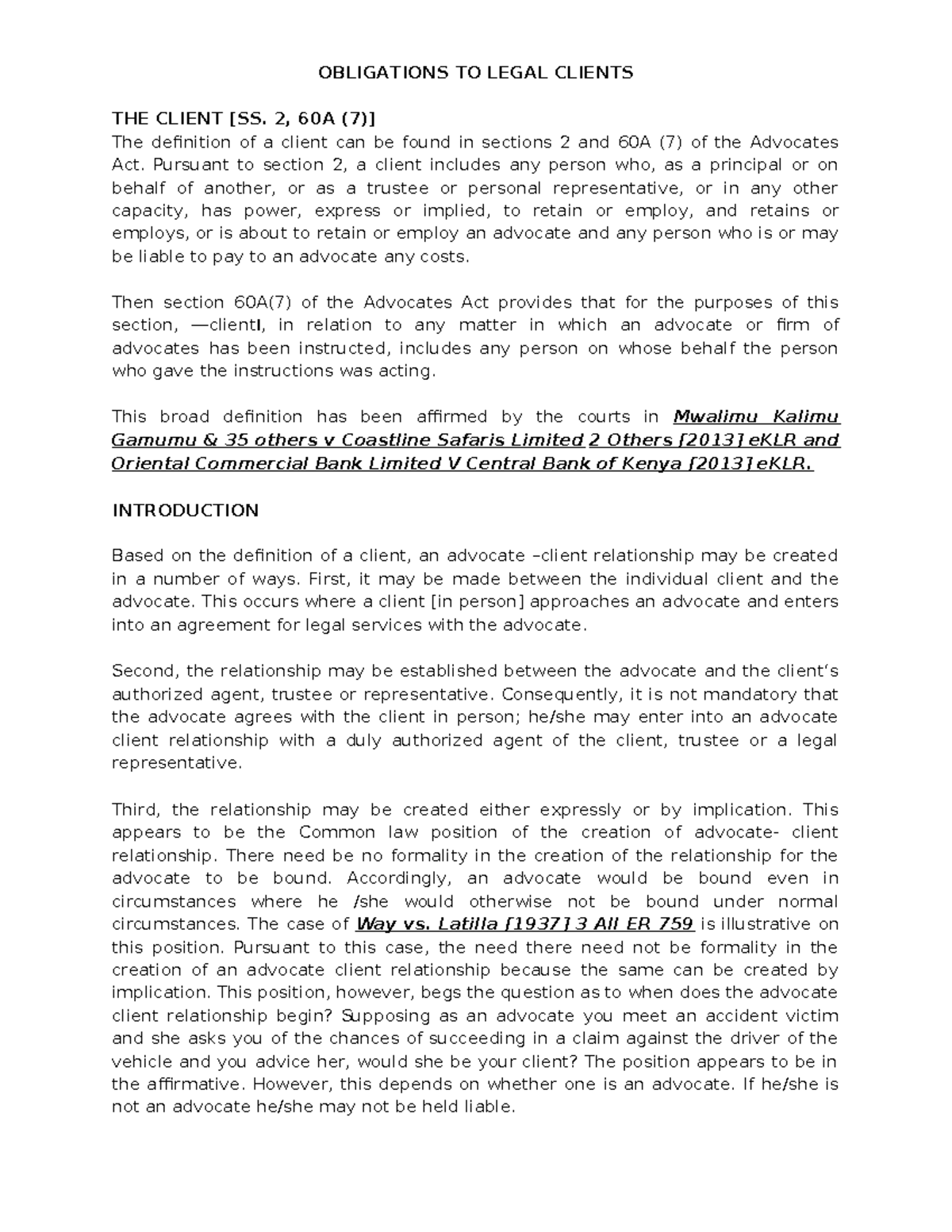 WEEK 3 Obligations to Legal Clients: Understanding the Advocate-Client ...