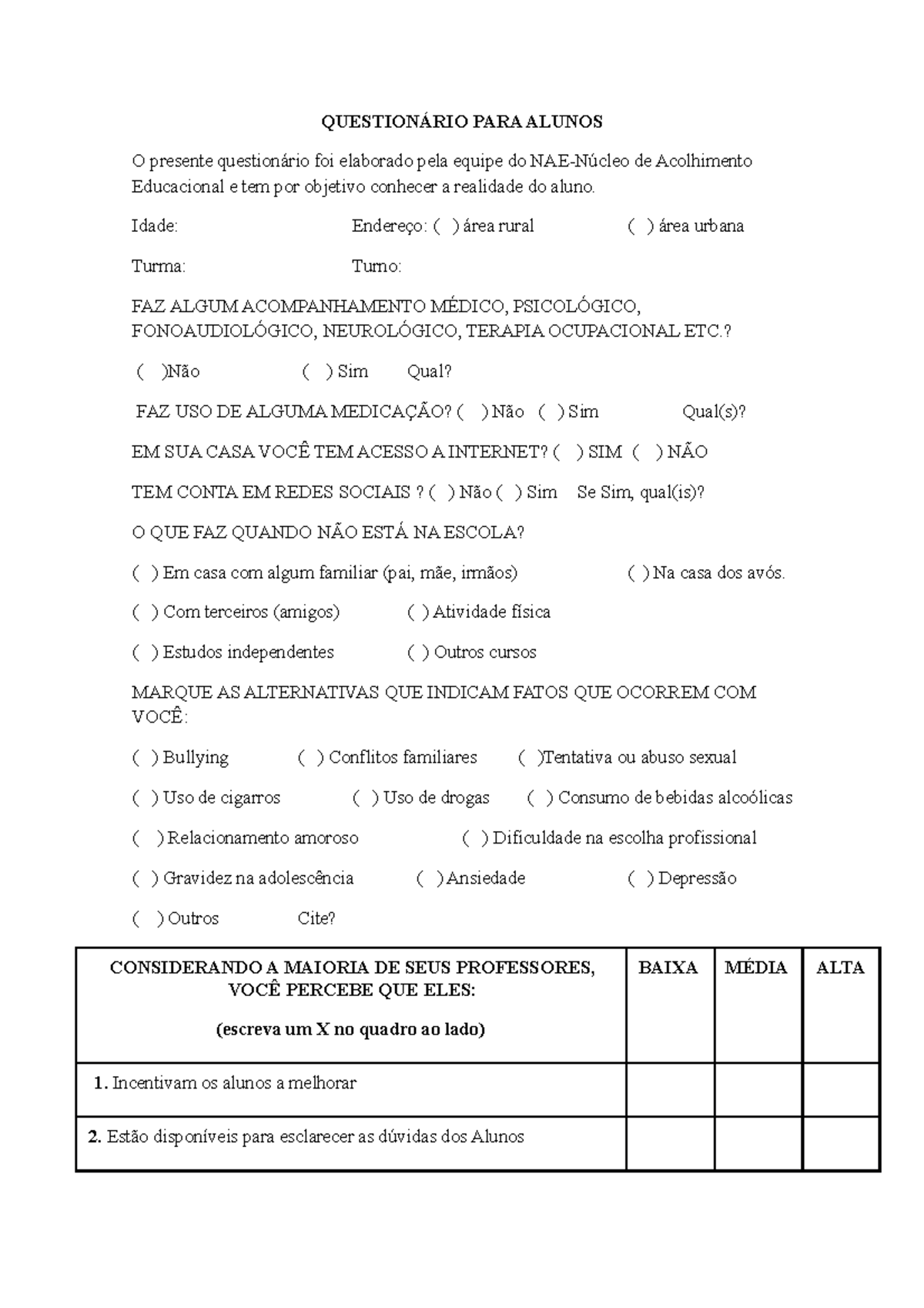 Questionário de Avaliação do Aluno - NAE-Support 2023 - Studocu