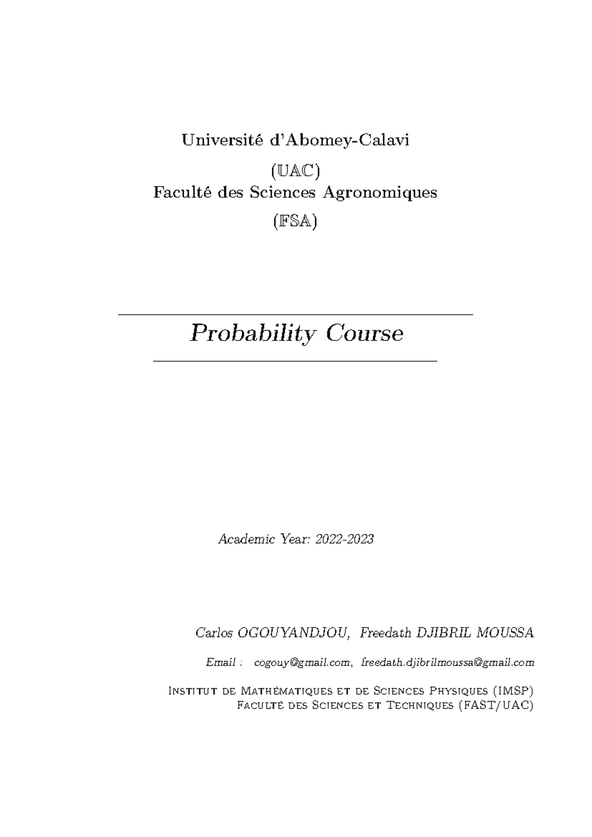 Prob stat course 1 - Explanatory - Université d’Abomey-Calavi (UAC ...