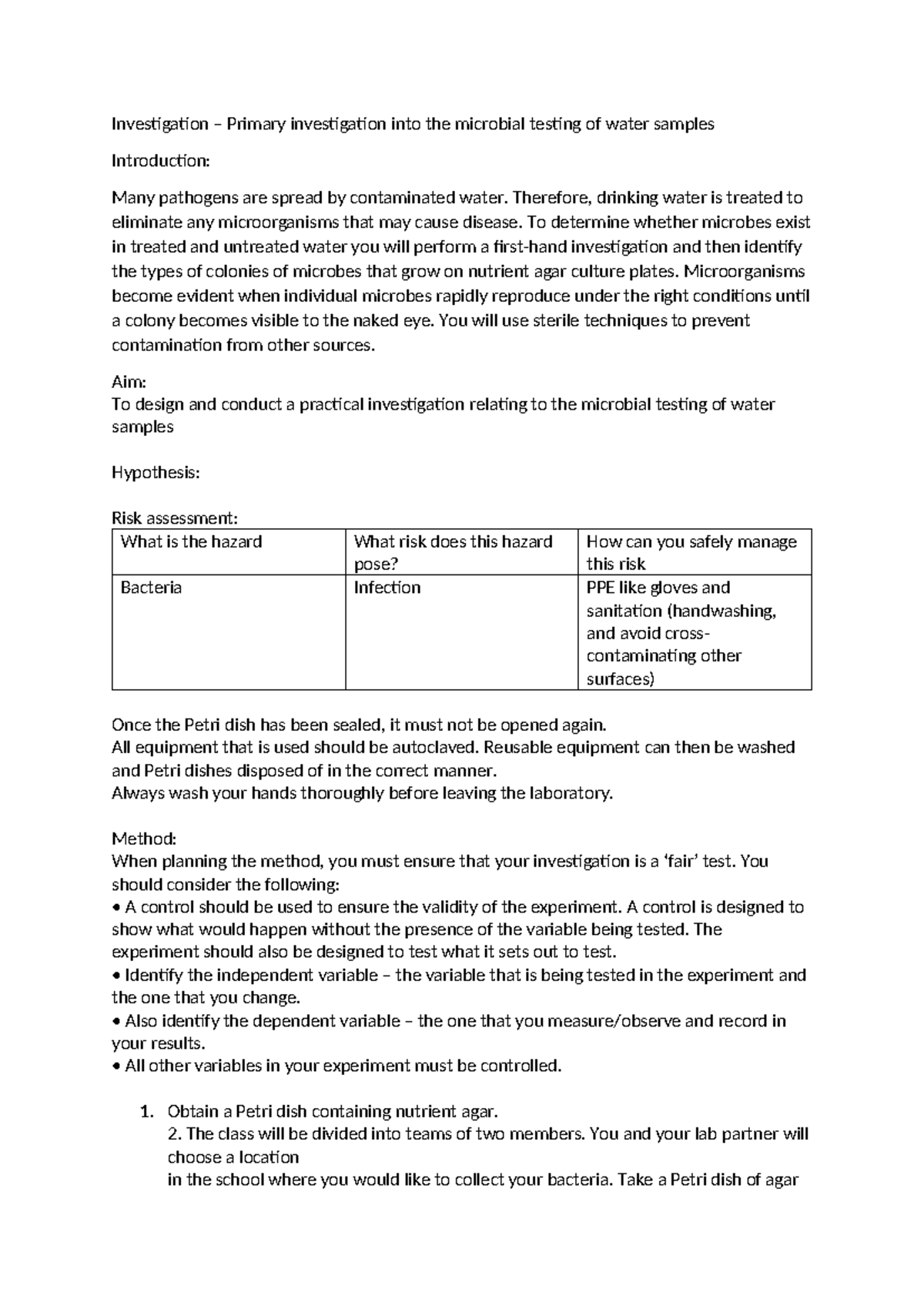 Investigation of Microbial Testing in Water Samples: Practical Lab ...