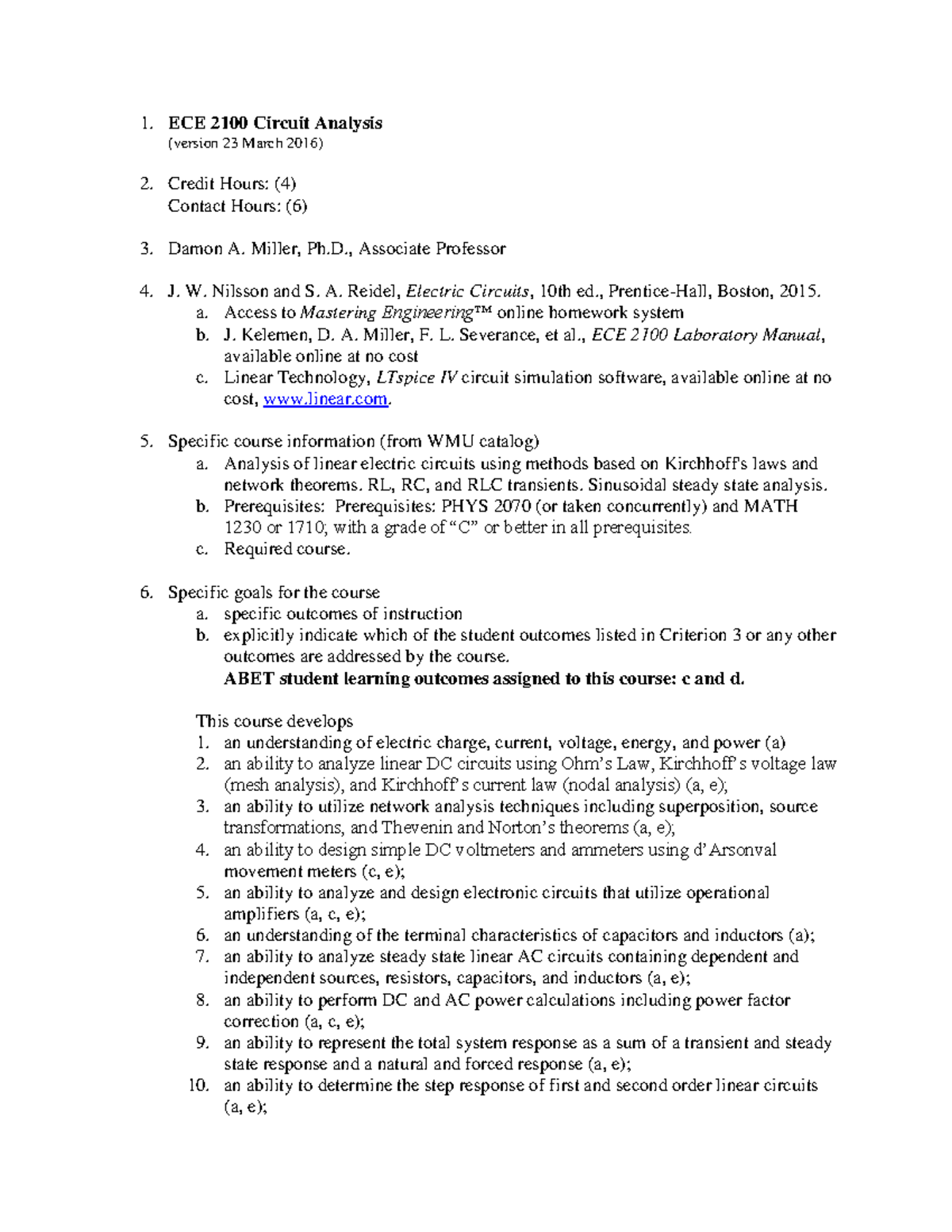 ECE 2100 Circuit analysis course overview and learning outcomes - Studocu