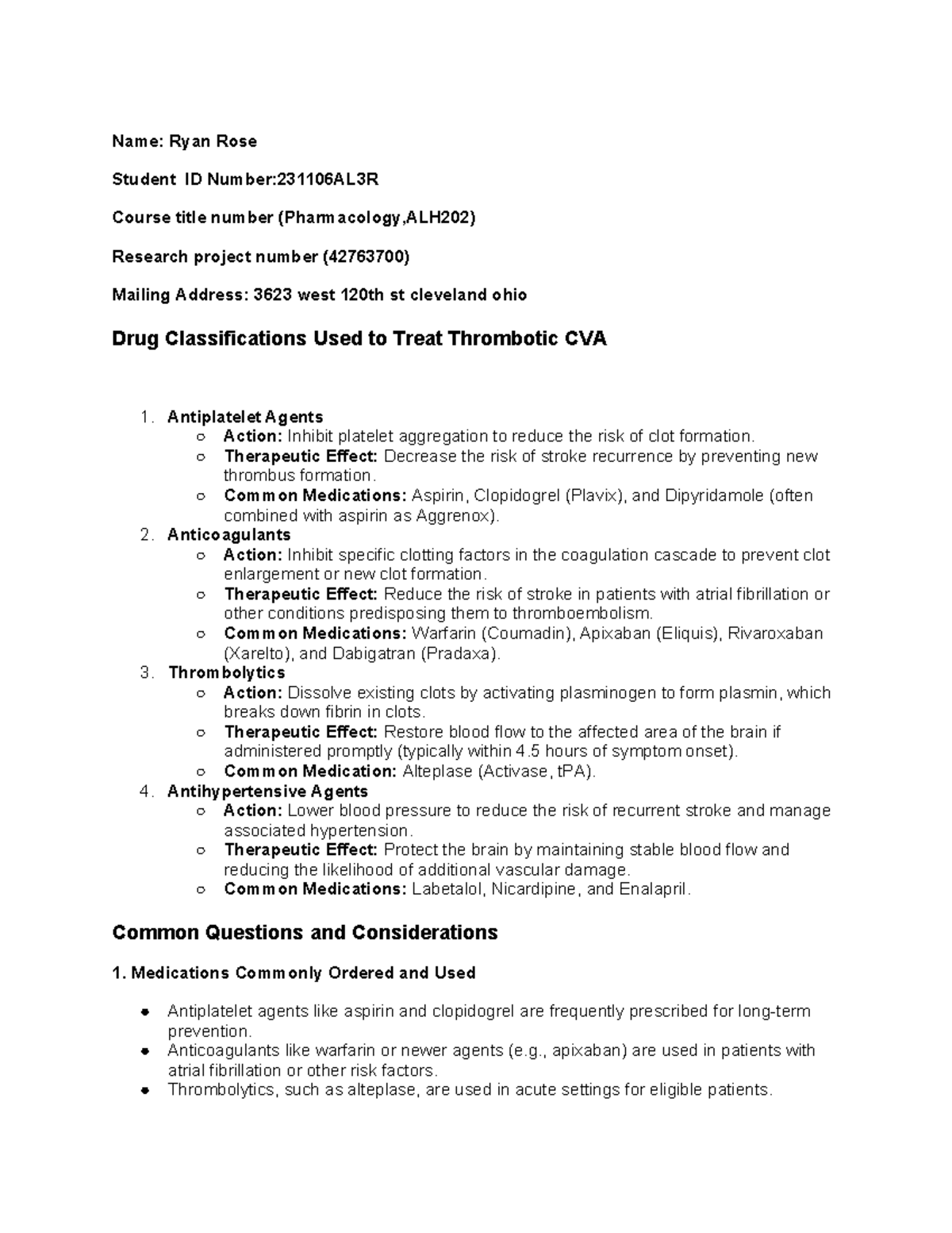 ALH202 Research Project: Drug Classifications for Thrombotic CVA ...