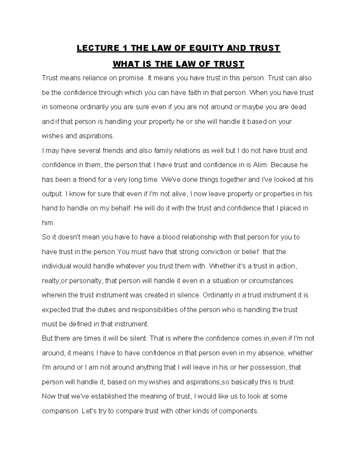 LECTURE 1: THE LAW OF EQUITY AND TRUST - UNDERSTANDING TRUST - Studocu