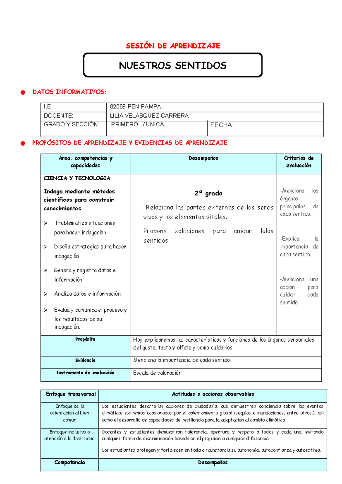 SESION DE APRENDIZAJE: LOS SENTIDOS - CIENCIA Y TECNOLOGÍA 1° GRADO ...