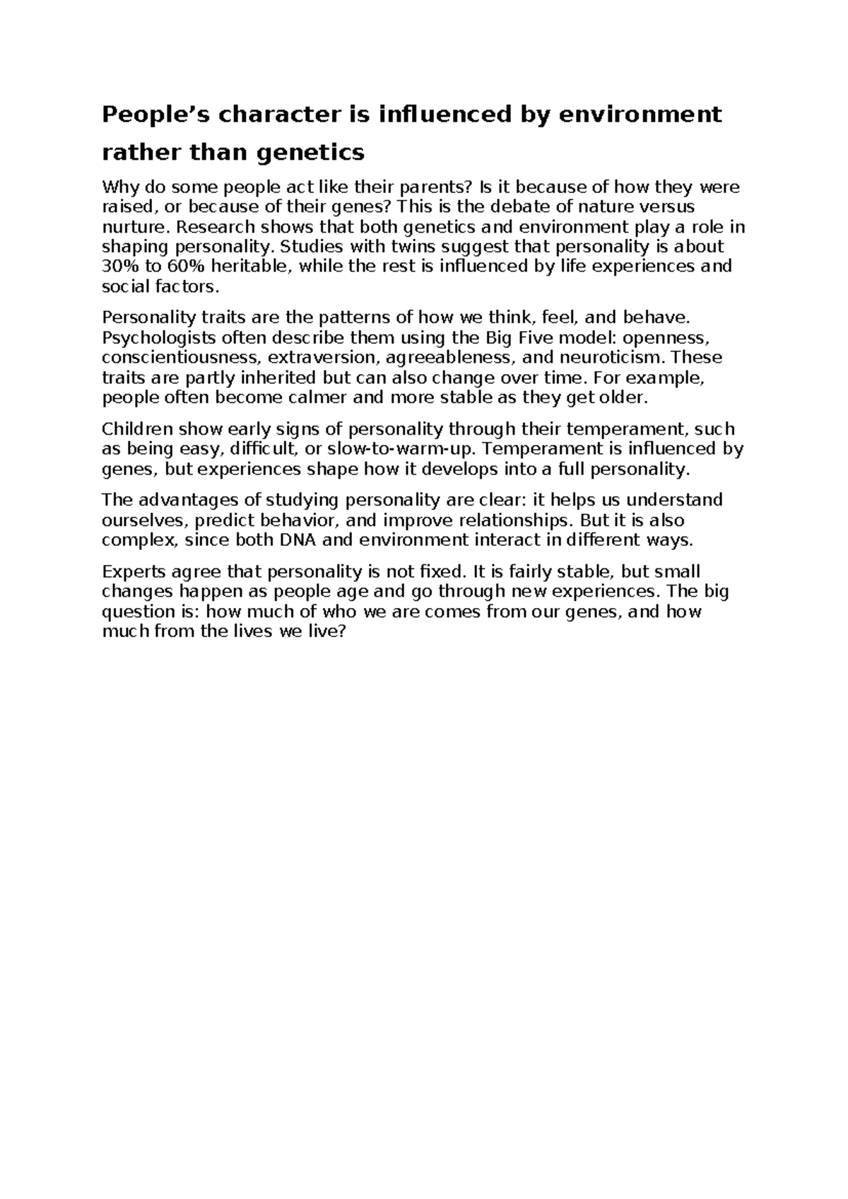 The Influence of Environment vs. Genetics on Personality Traits ...