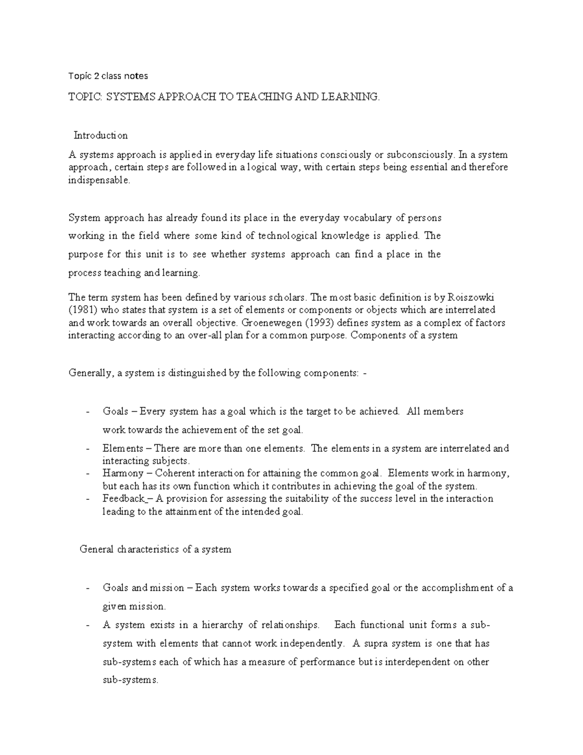 EDU 211 instr topic 2 class notes - Topic 2 class notes TOPIC: SYSTEMS ...