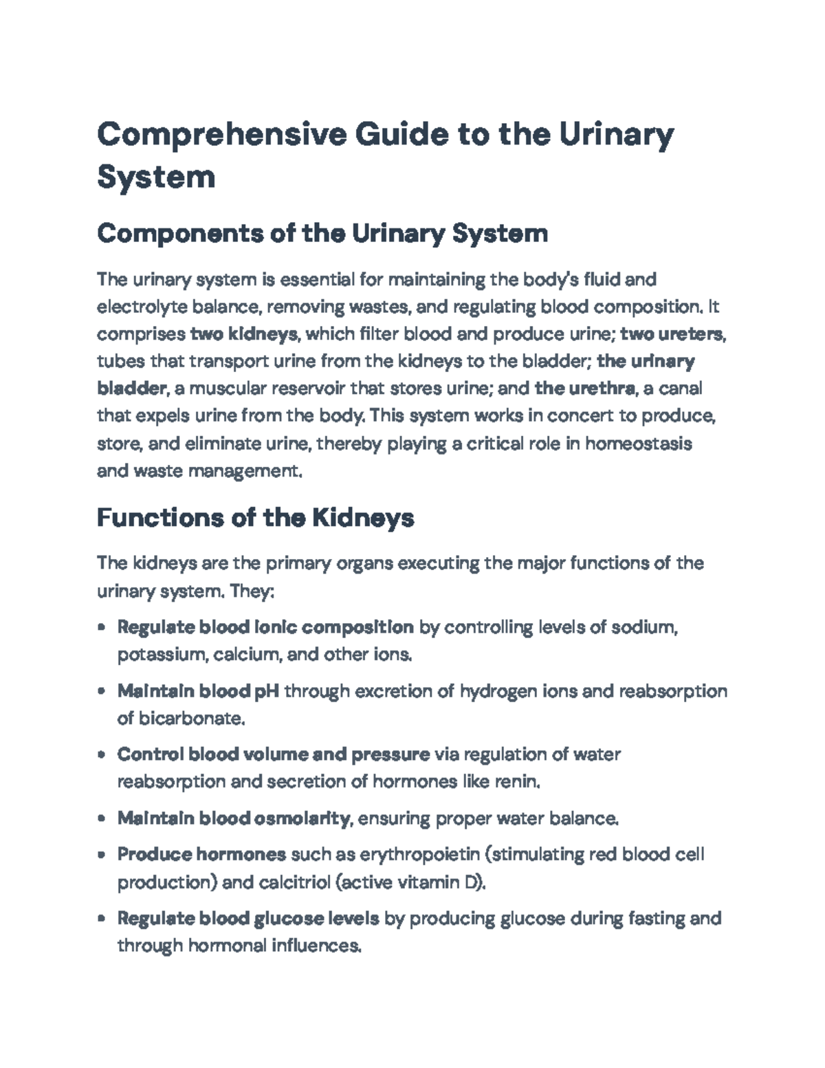 Comprehensive Overview of the Urinary System and Kidney Function - Studocu