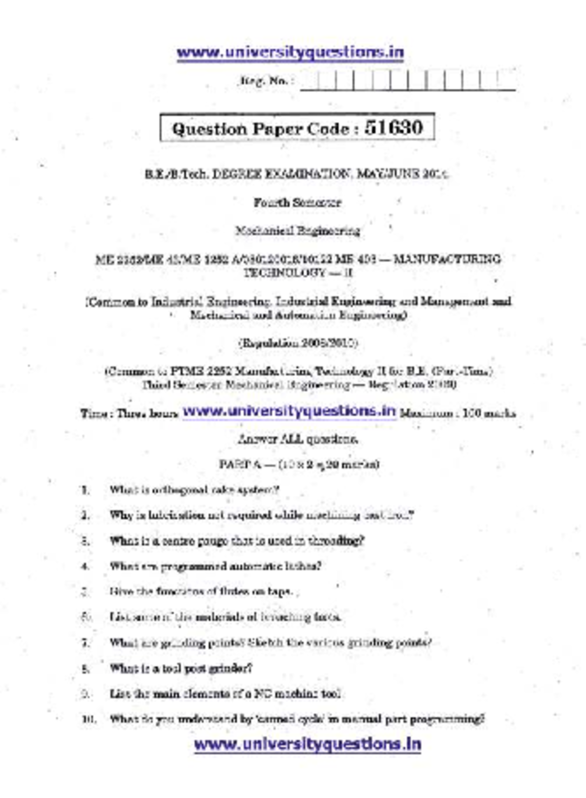 ME2252 MT-2 2014: Manufacturing Technology II Exam Qs and Answers - Studocu