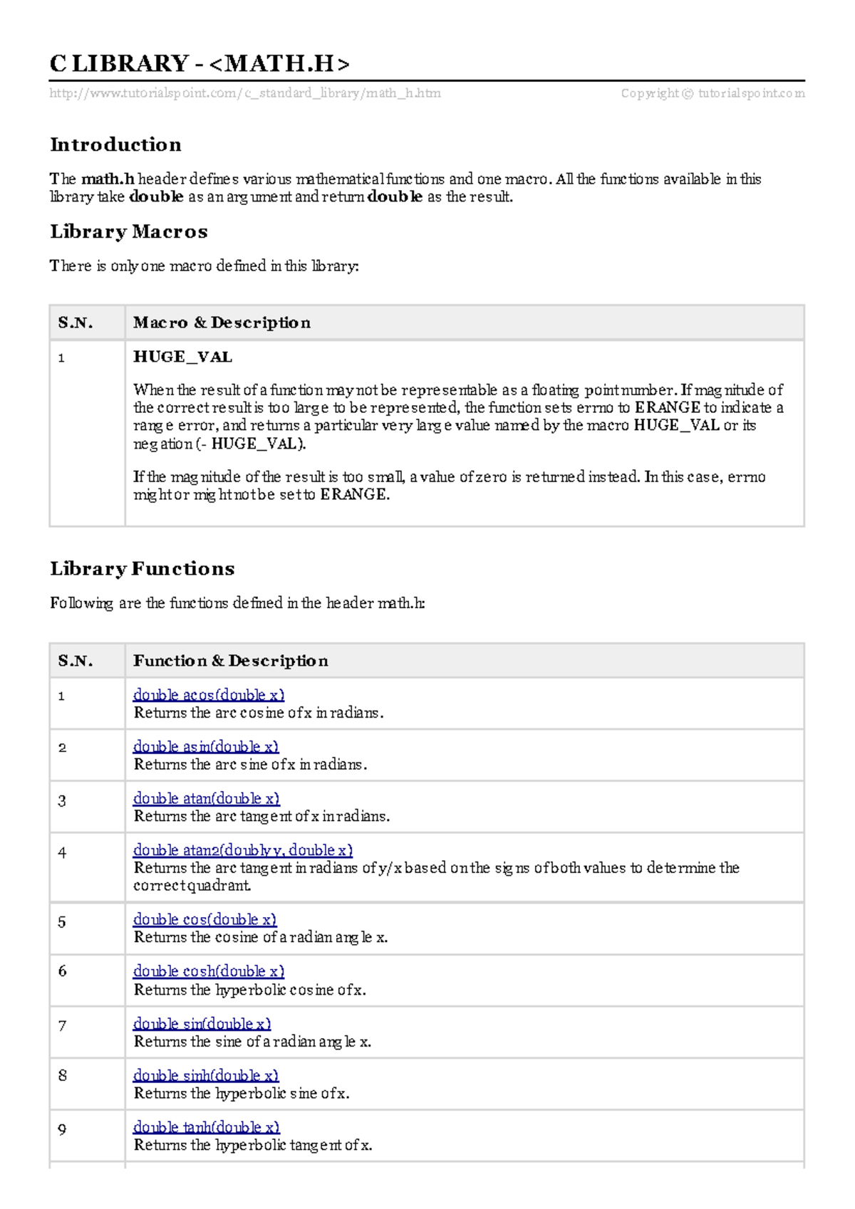 Math.h Library Overview and Functions (255728734) - Studocu