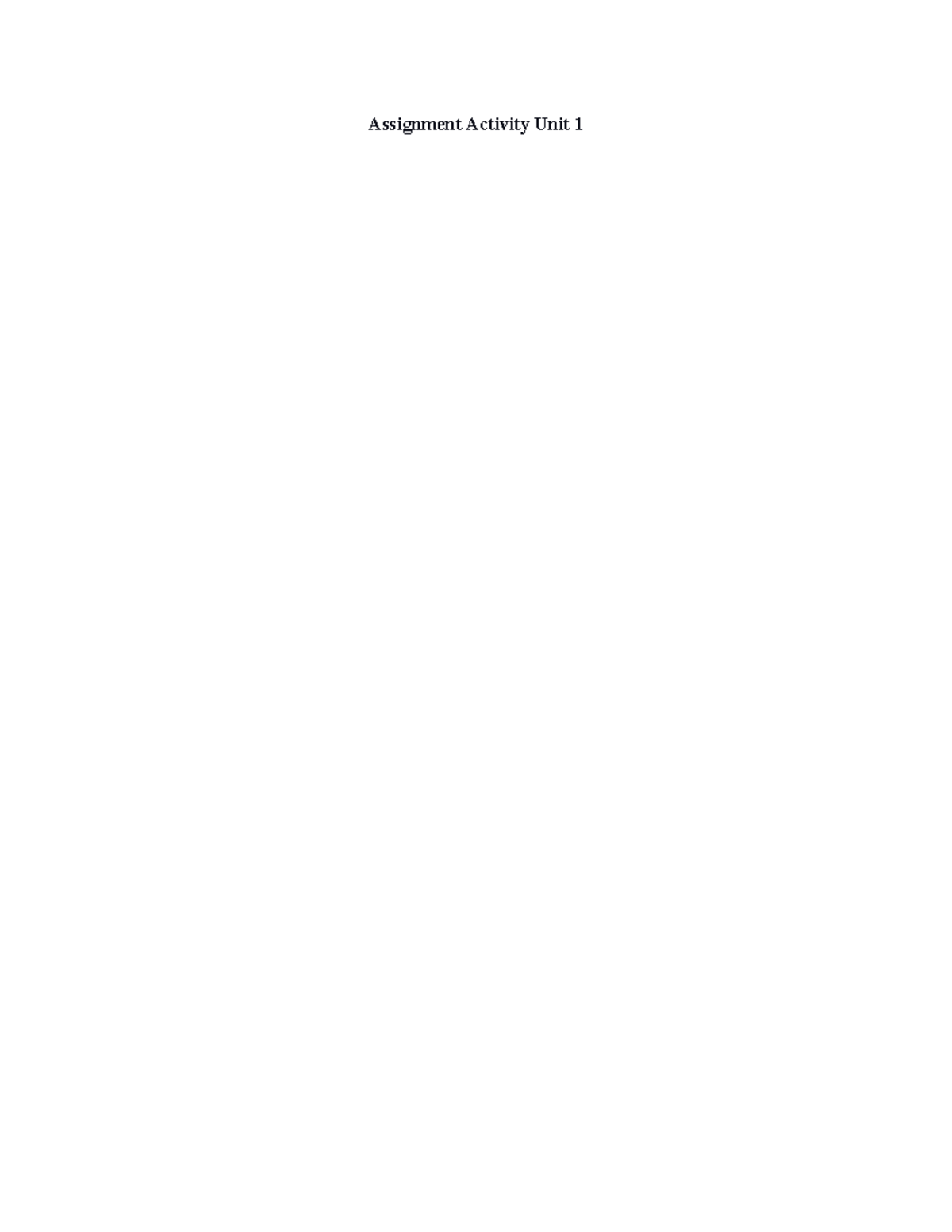 Assignment Activity Unit 1 - Assignment Activity Unit To demonstrate ...