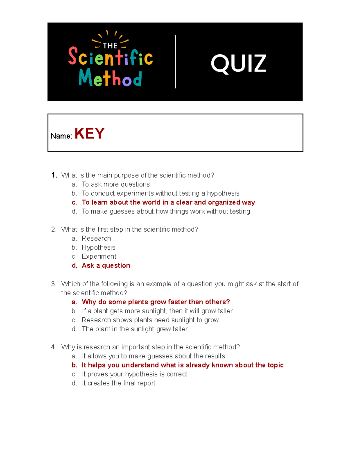 Quiz KEY - Scientific Method: Key Concepts & Answers (SCI101) - Studocu