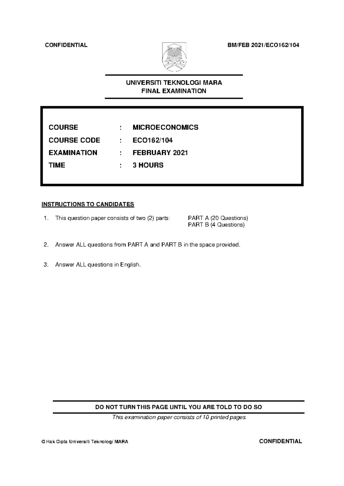 Tutorial Chapter 1 - Multiple Choice Questions on Economics (UITM ...