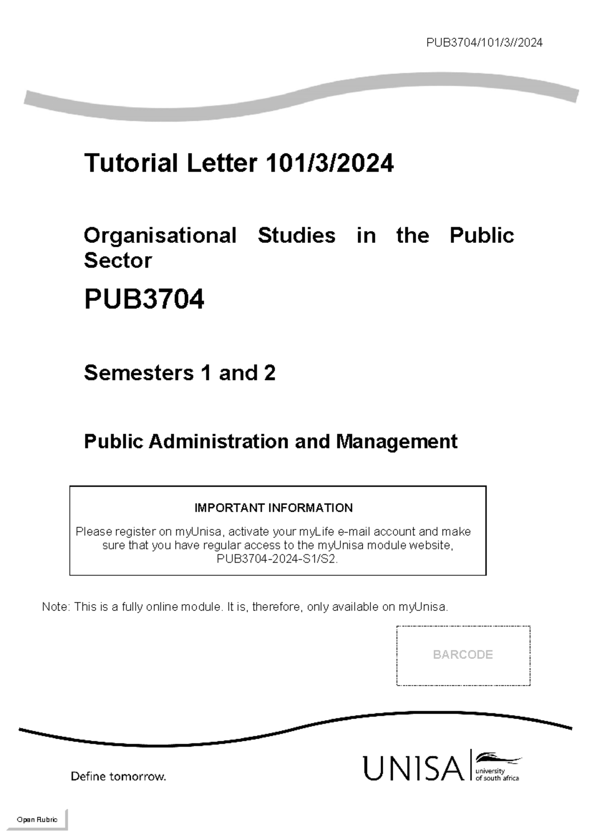 PUB3704 Tutorial Letter 101/3: Organisational Studies Overview 2024 ...