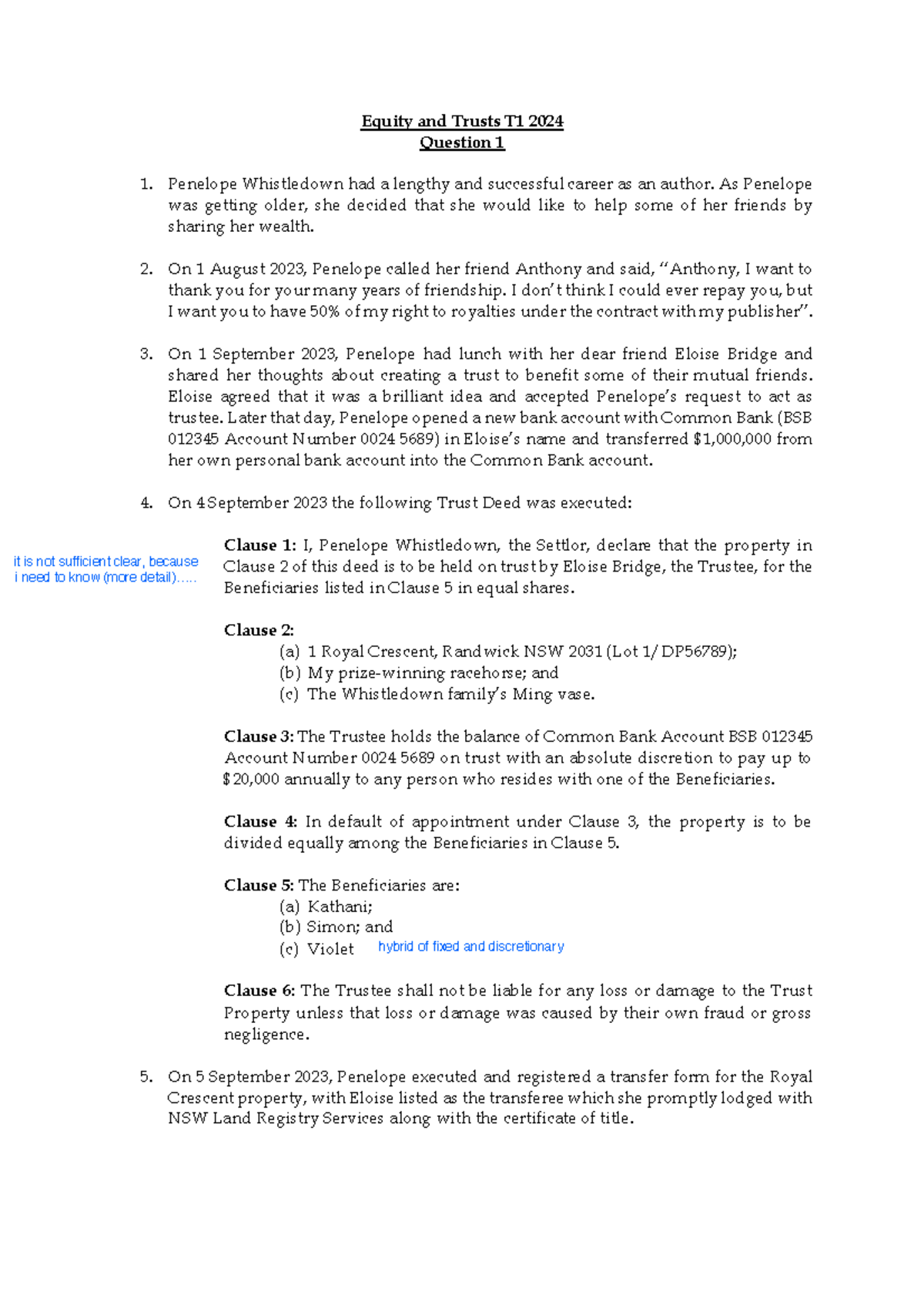 Equity and Trusts T1 2024 Past Paper Revision Notes - Studocu
