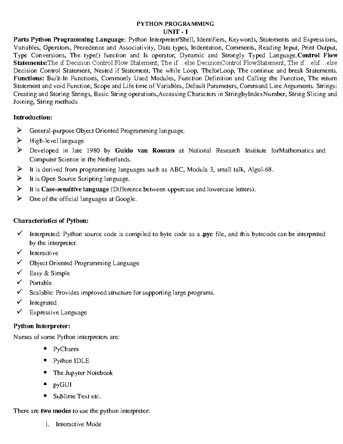 Python Programming UNIT I - Comprehensive Study Notes on Basics and ...