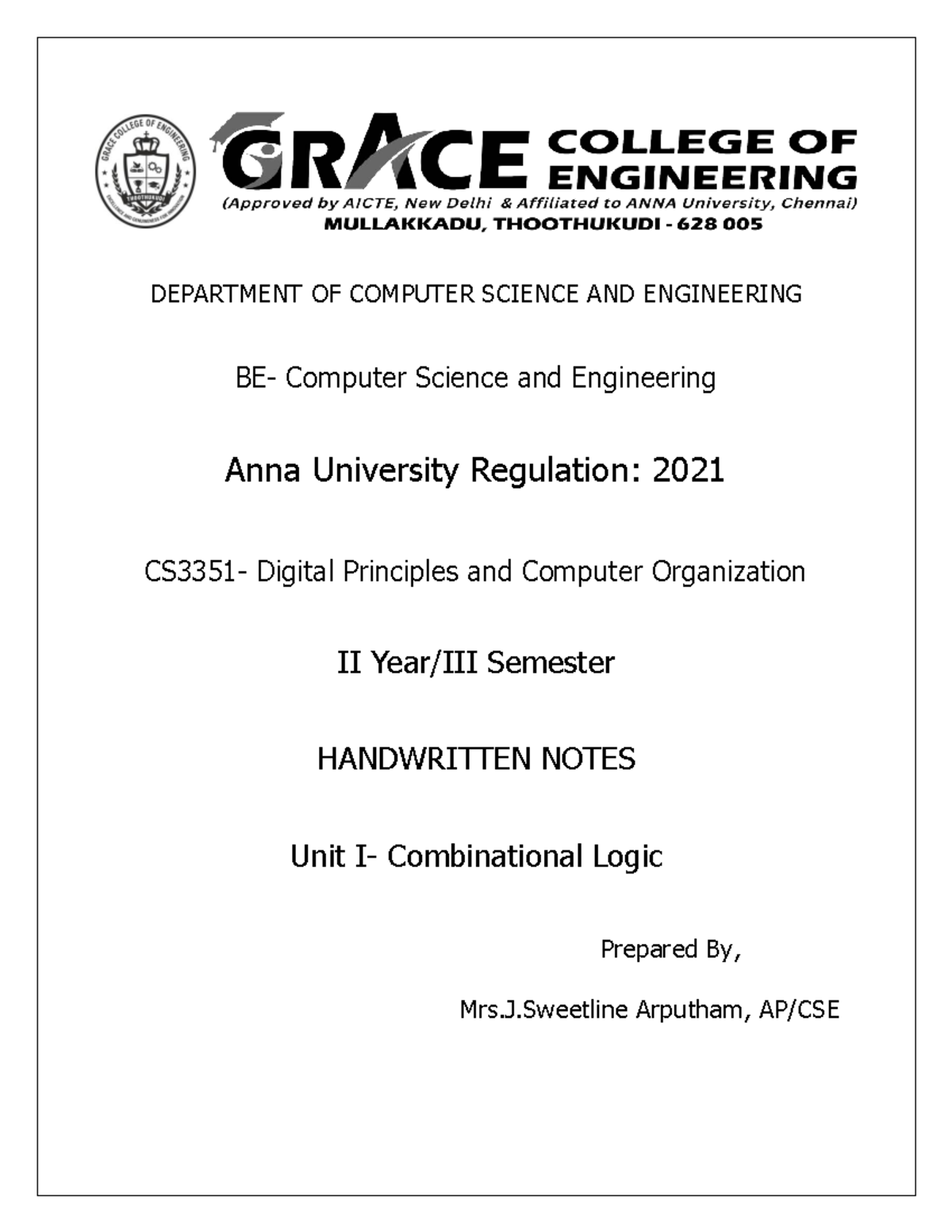 CS3351_DPCO II Sem Handwritten Notes on Combinational Logic - Studocu