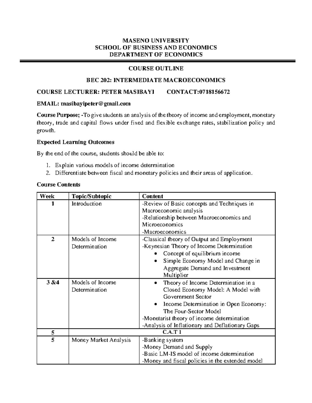 BEC 202 Course Outline: Intermediate Macroeconomics Overview - Studocu