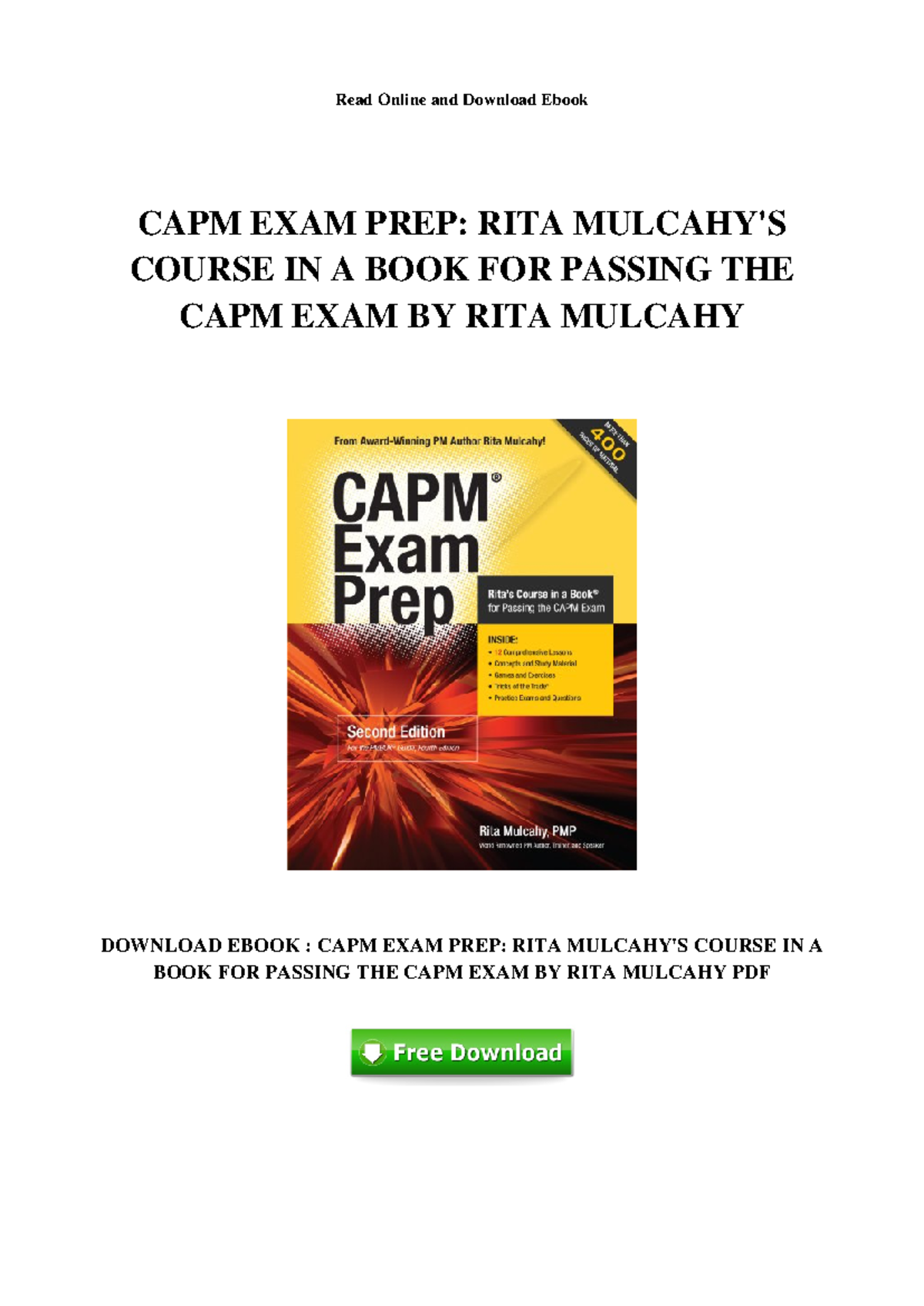 CAPM Exam Prep: Rita Mulcahy's Essential Course Guide for Success - Studocu