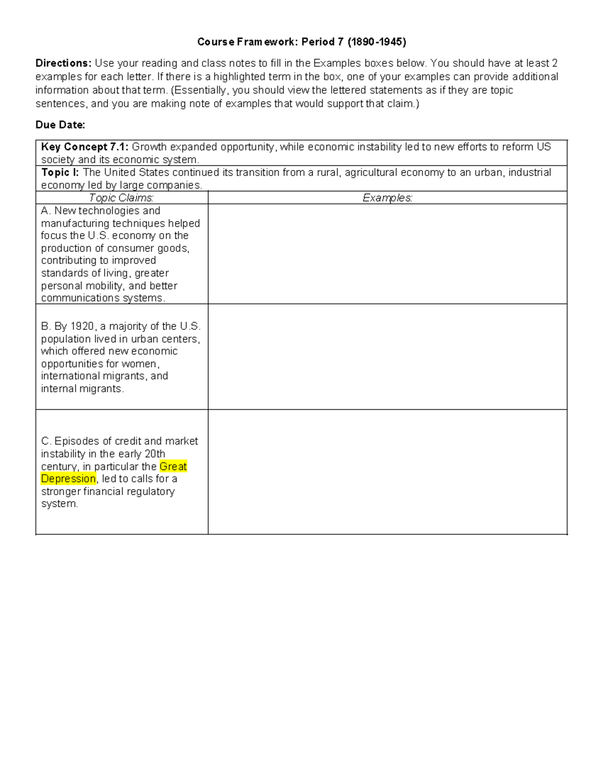 Course Framework Period 7 - You should have at least 2 examples for ...