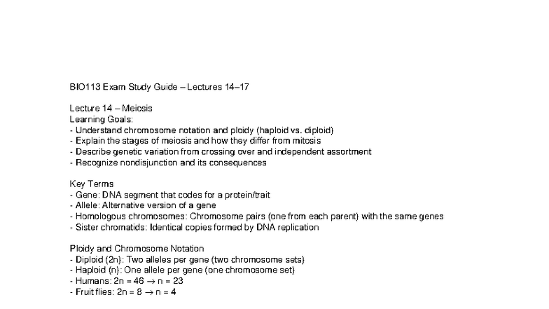 BIO-113 Exam 3 Study Guide: Lectures 14-17 Overview - Studocu