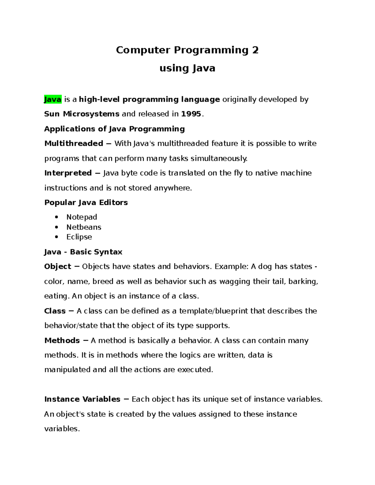 Computer Programming 2: Java Concepts & Sorting Algorithms Review - Studocu
