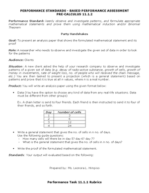 Pre-Calculus 11 - Performance Task - PERFORMANCE STANDARD BASED ...
