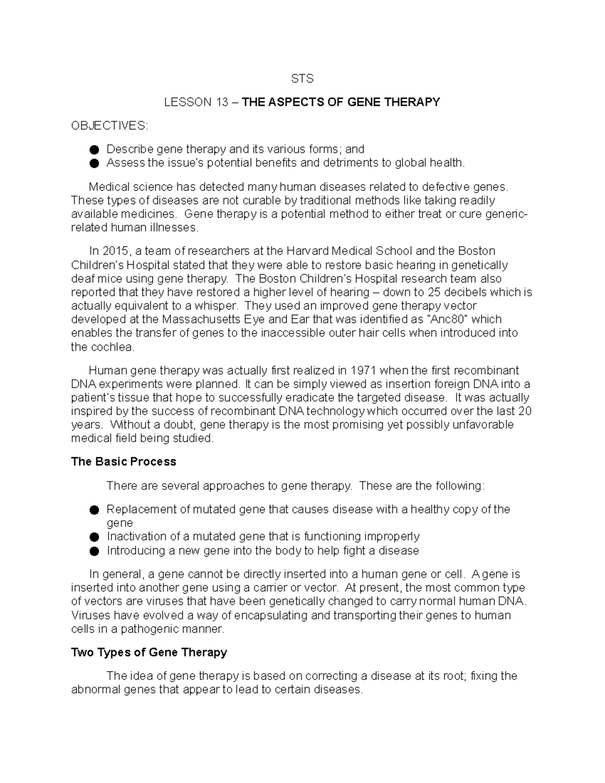 STS Lesson 13 – Exploring the Dimensions of Gene Therapy - Studocu