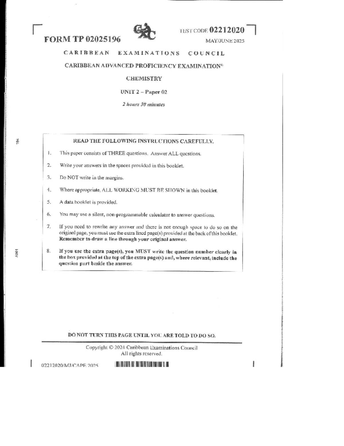 Chemistry 2025 U2 Paper 02 - Past Exam Questions and Instructions - Studocu