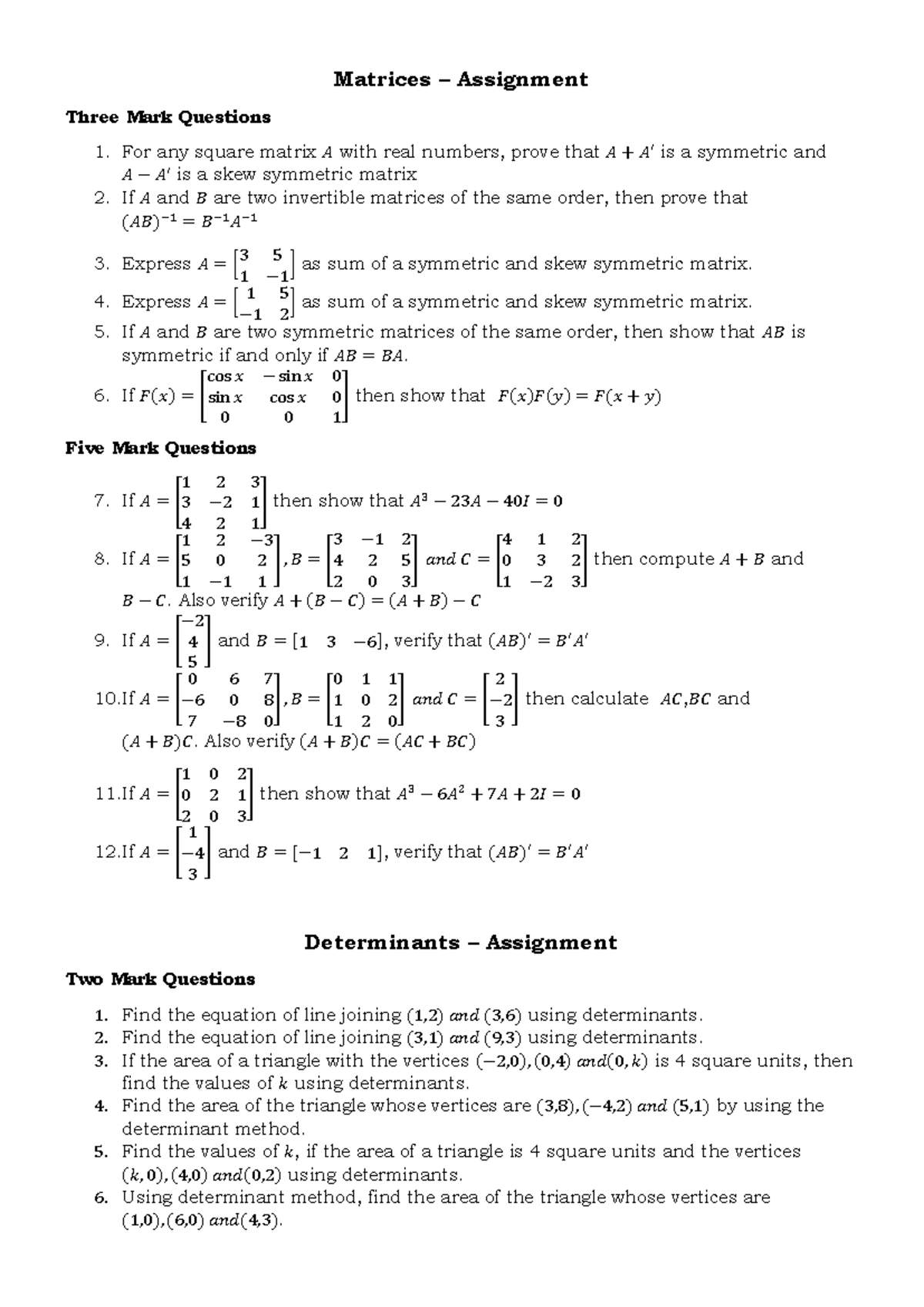 Matrices and Determinants Assignment: Mark Questions and Solutions ...