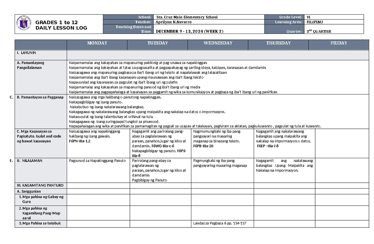 DLL Filipino 6 Q3 W3 Lesson Plans and Activities - Education - Studocu